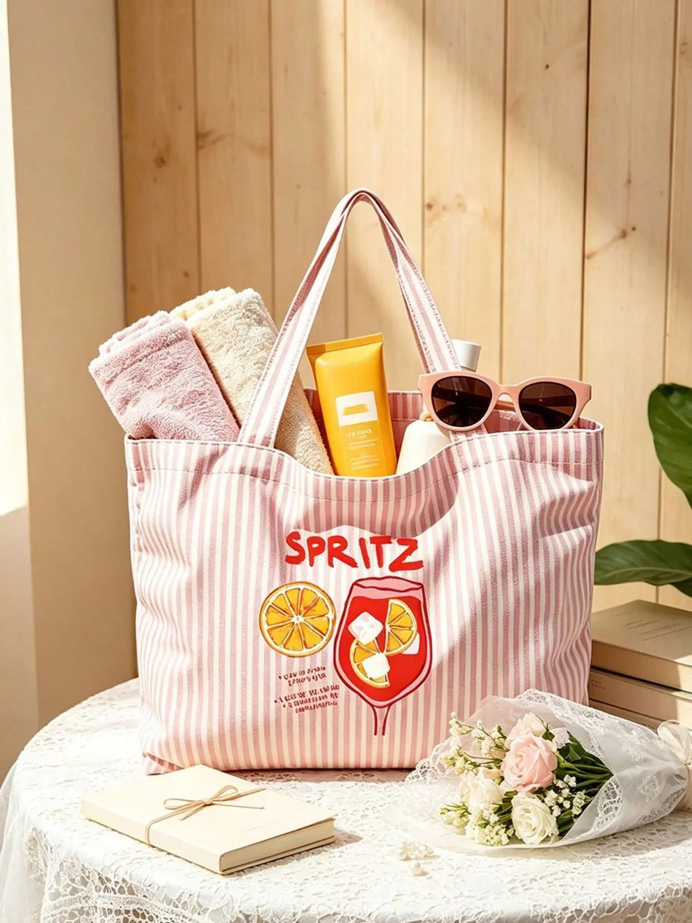Striped Tote Bag & Makeup Pouch Set, Lemon Pattern, Casual Style, Spacious, Versatile, Ideal for Travel, Gifts, Women, Girls, Girlfriend
