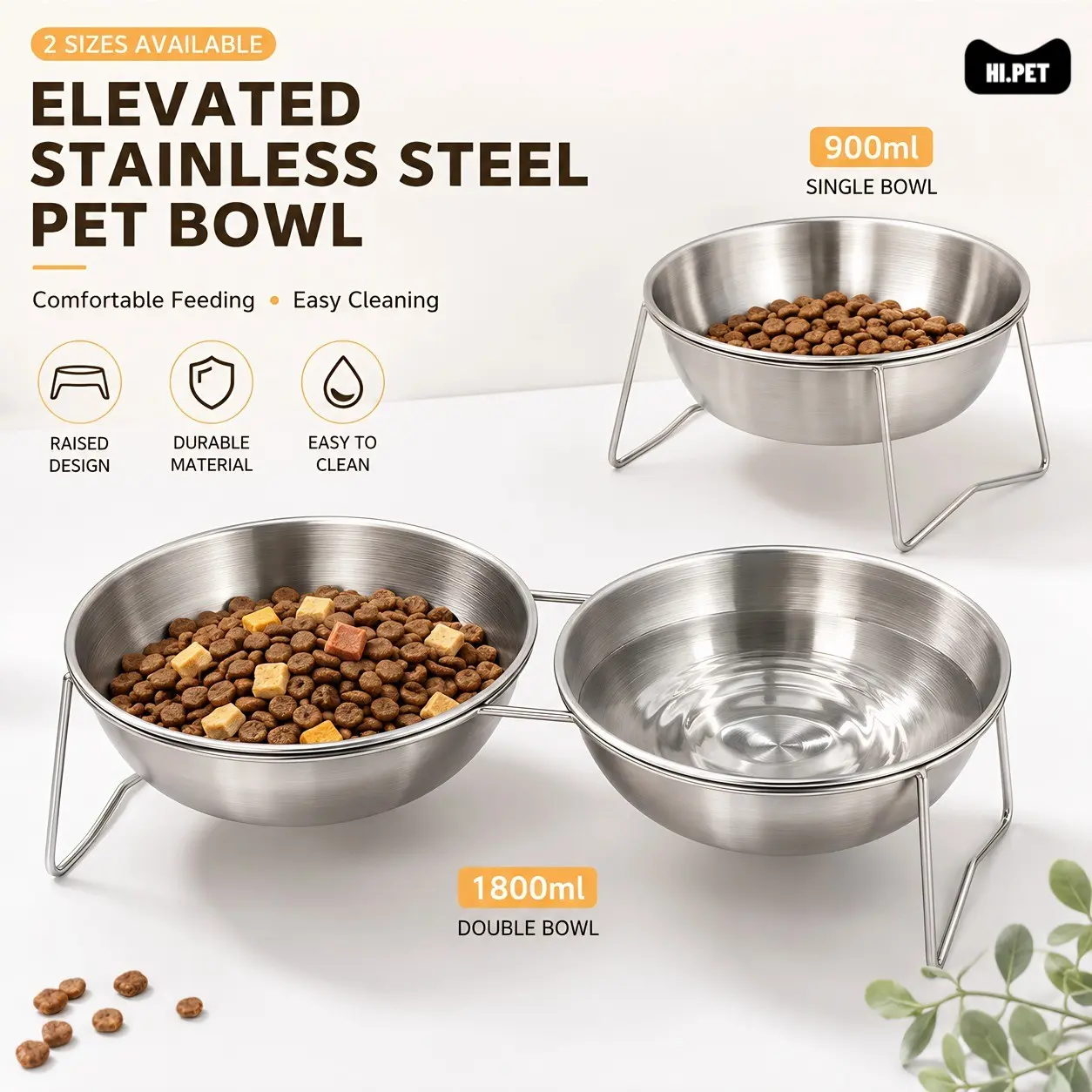 Stainless Steel Pet Food Bowl, Elevated Feeding Bowl, Wide Mouth Neck Protector, Detachable Stand Design, 1800ML/900ML Large Capacity, Cat Dog Universal