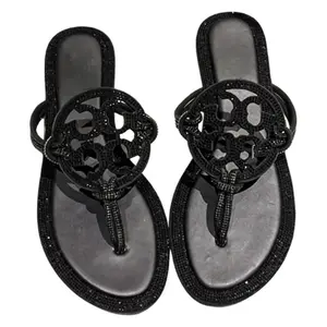 Black Rhinestone Thong Sandals Sparkly Crystal Flat Flip Flops for Summer Beach Vacation Party Casual Dressy Wear Luxury Bling Rhinestone Cutout Flip Flops Black Flat Sandals Comfortable Non-slip Summer Shoes for Women full black rhinestone