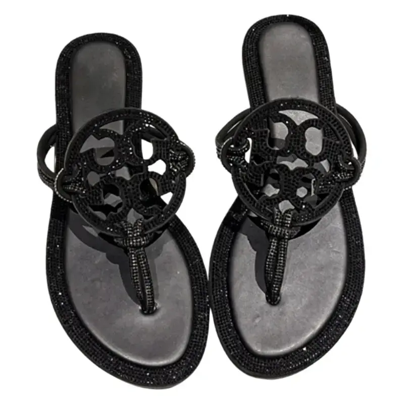 Women's Fashionable Rhinestone Slip-On Sandals, Elegant Sparkly Crystal Flat Cutout Flip Flops, Non-Slip Comfortable Outdoor Water Shoes for Summer Beach Party Casual Dressy Wear