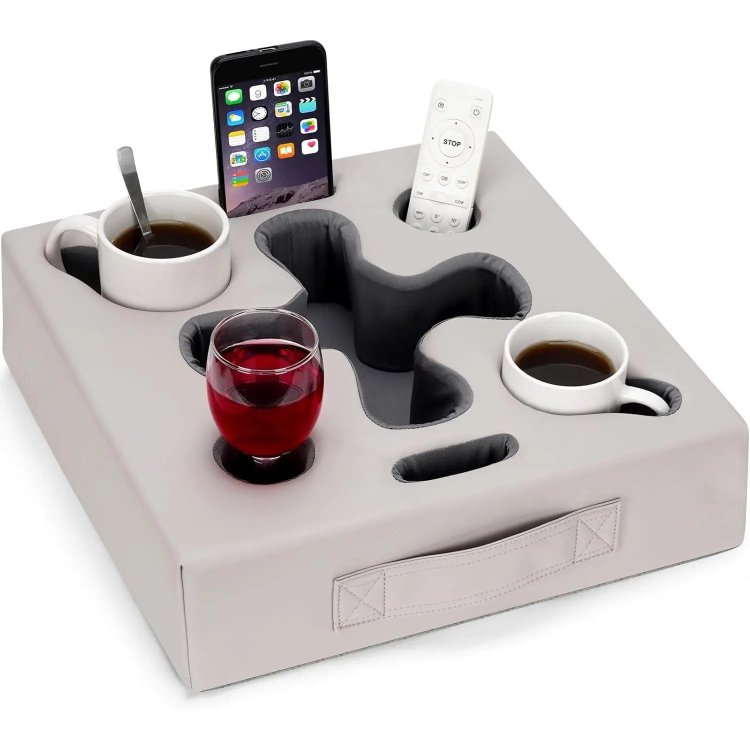 Couch Cup Holder Pillow, PU Grey | Sofa Cup Holder for Bed, RV, TV, Car, Man Cave, Backseat, Remote, Drinks, Snacks Tray Organizer, Caddy Cupholder