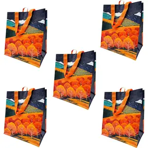 Grocery Bags – Printed  , Foldable & Water‑Resistant Shopping Bags, Durable Multi‑Use Eco Bags with Mountains Design (5 Pack)