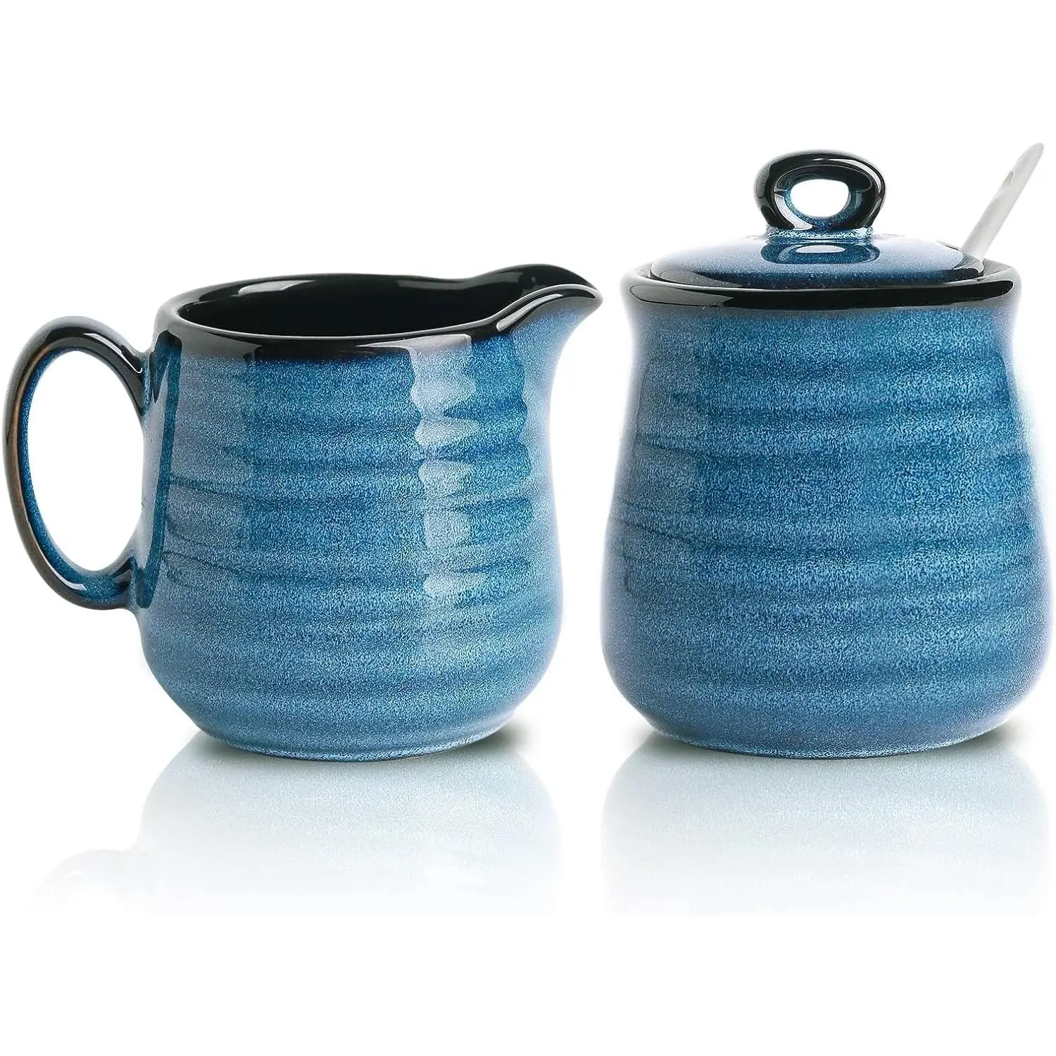 Hasense Porcelain Sugar and Creamer Set,11 Ounce Sugar Bowl with Lid and Spoon,10 Ounce Cream Pitcher,Farmhouse Coffee Sets for Serving,Dishwasher Safe(Blue)