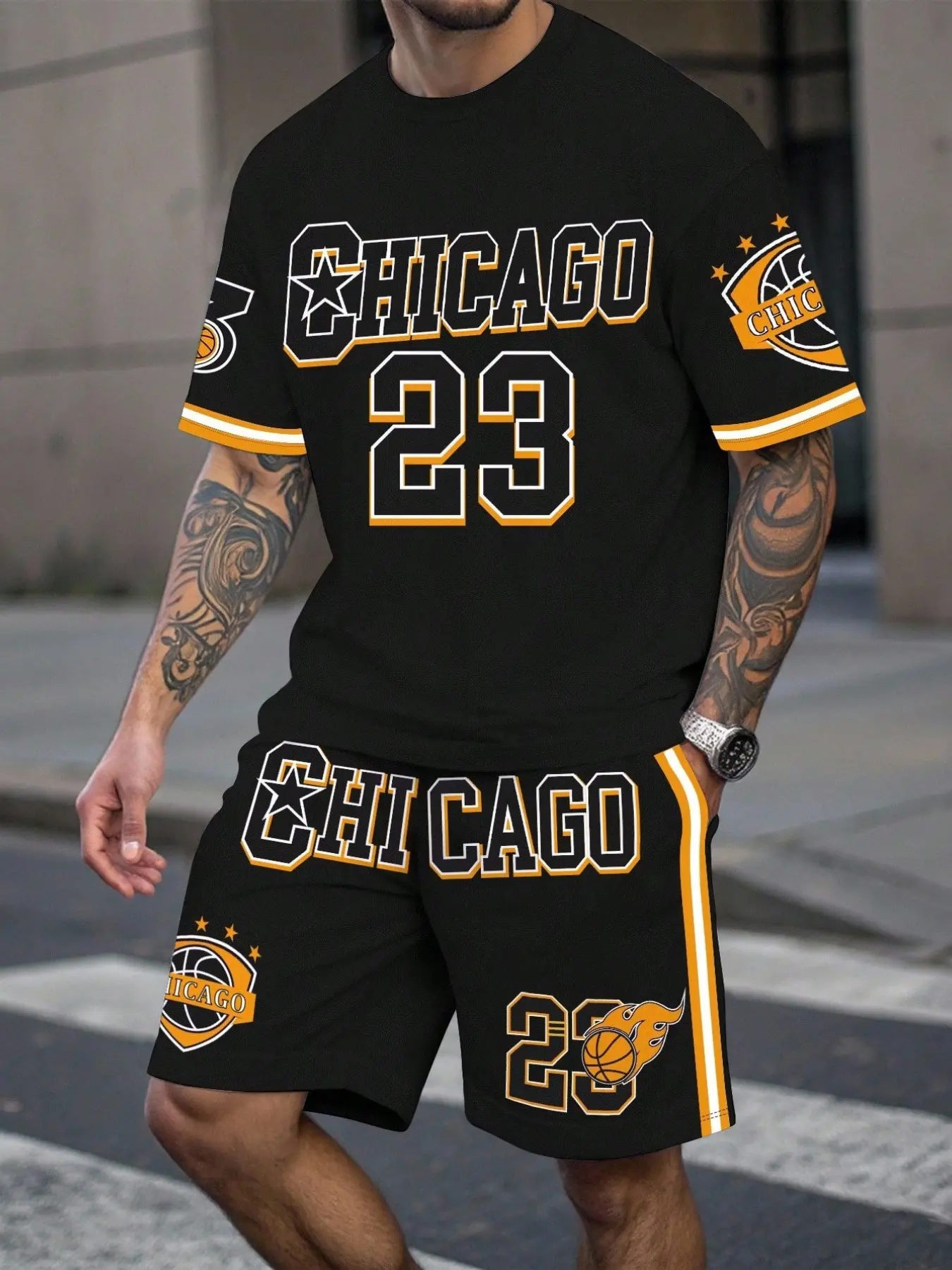 Summer trendy men's sports suit, flame digital five-star print, versatile clothing for shopping and travel, Athleisure Set