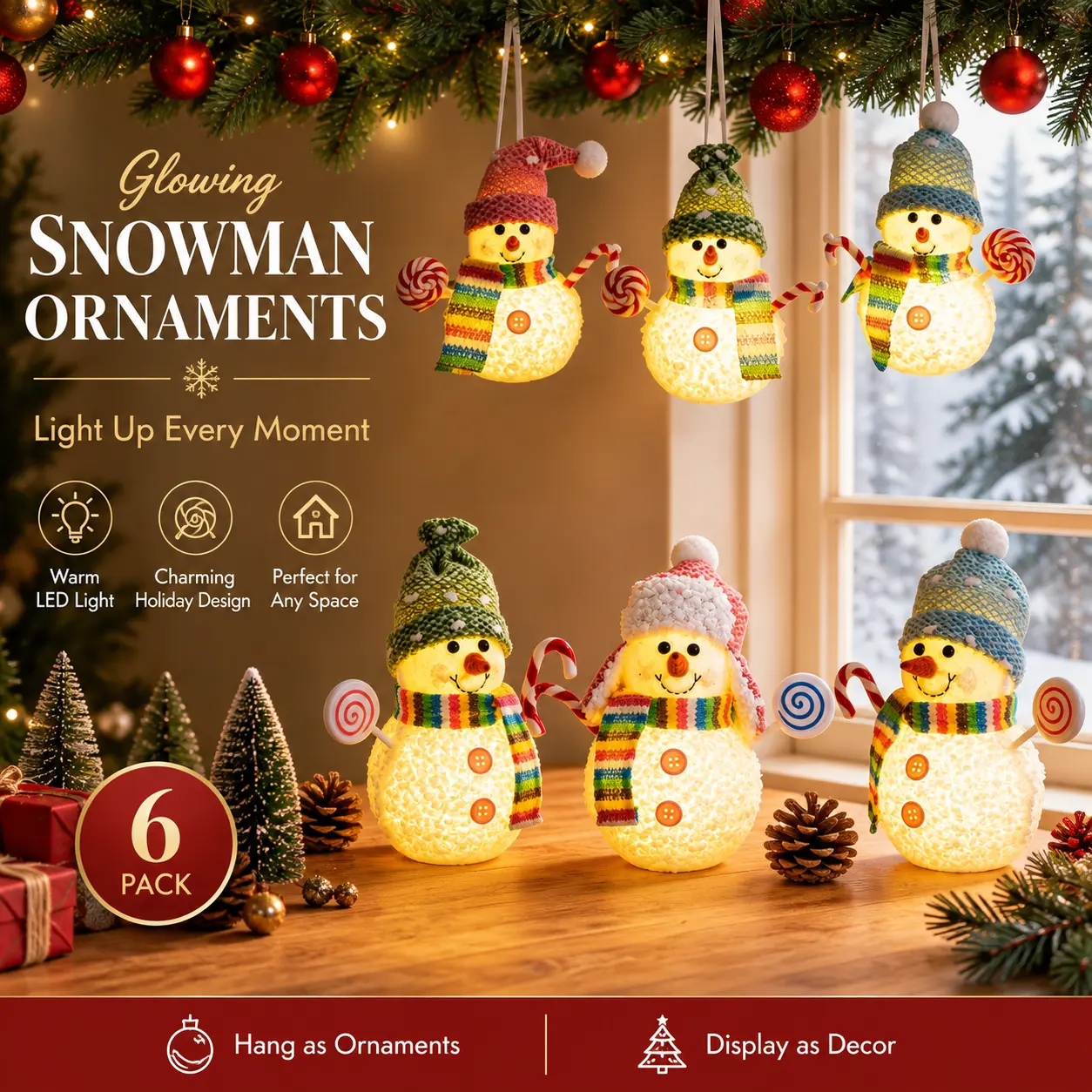 Knitted Light‑up Snowman Ornament Christmas Candy Cane Night Light, 2‑in‑1 Hanging & Tabletop Snowman Decor, Warm LED Glow Snow Figure with Scarf Hat, Xmas Window Home Table Mantel Party Holiday Atmosphere Decoration