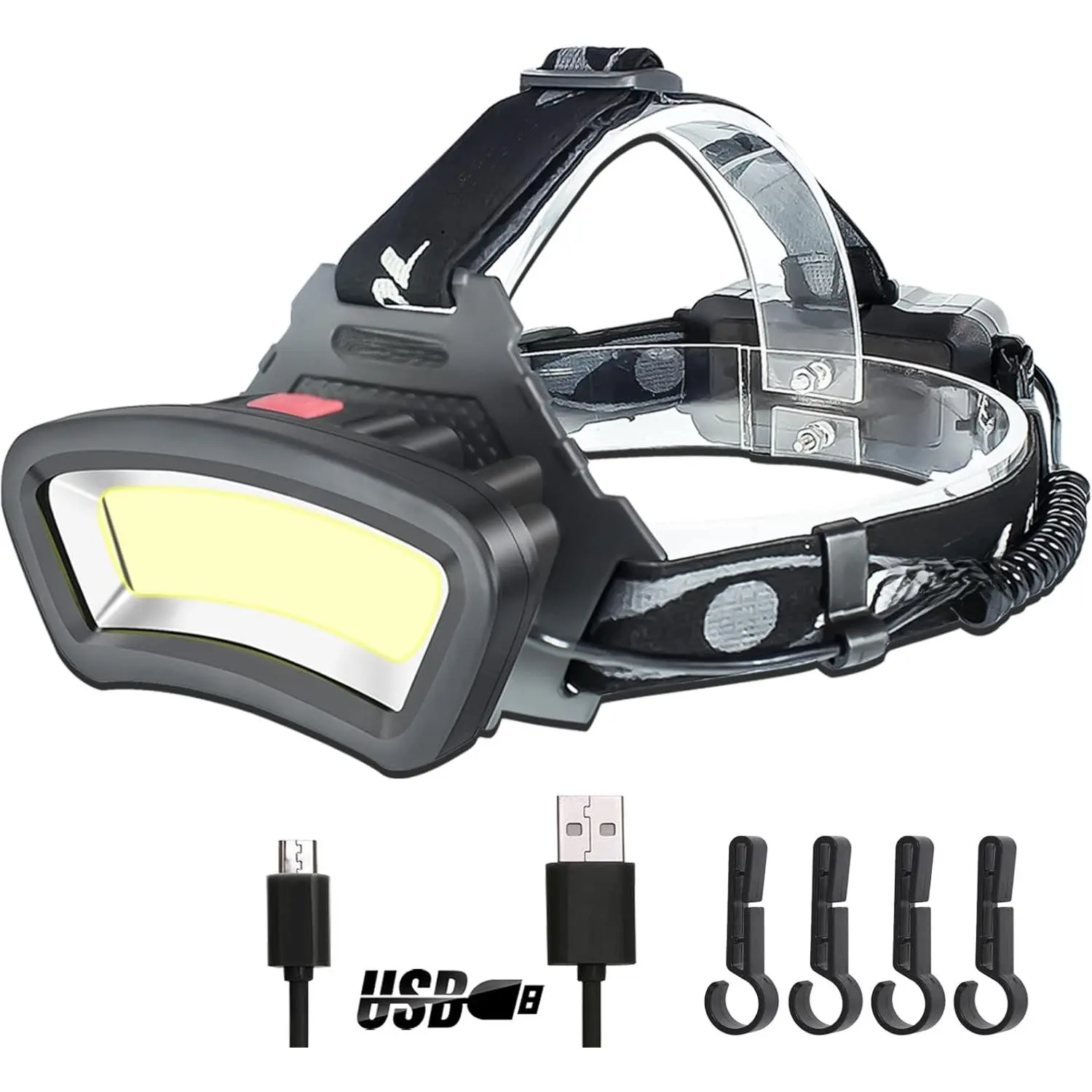 COB Floodlight Headlamp USB Rechargeable with Red Light, 2000 Lumen LED Headlight - Car Maintenance and Night Construction 6-10 Hours Long Battery Life