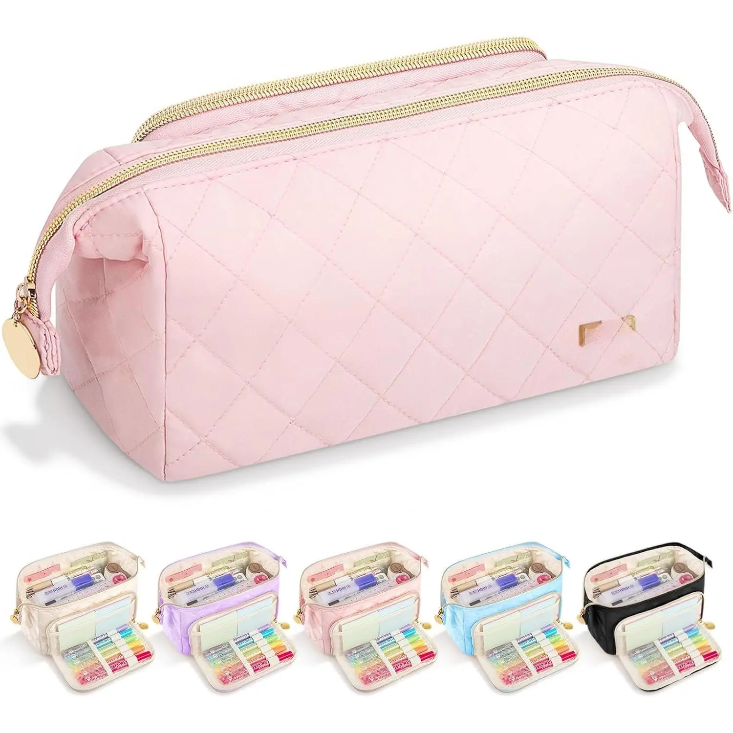 Cute Pencil Case for Girls  Soft Quilted Pencil Pouch Bag Organizer | Wide Opening Big Marker Crayon Storage Bag Large Double Zipper Art Aesthetic Pen Bag Case Pouch For  School College Boys