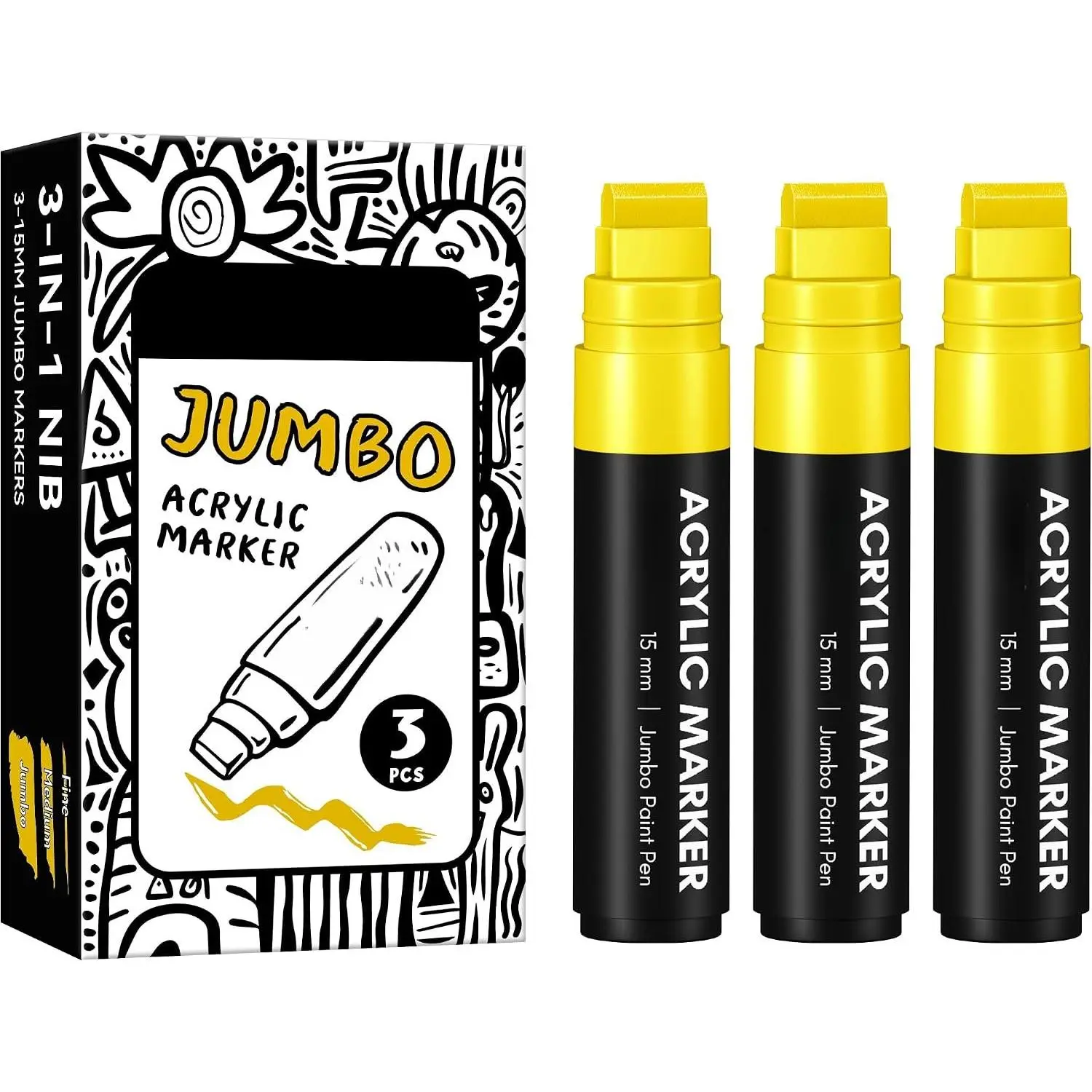 3  Permanent Markers Yellow, 15mm Thick Wide Tip, Large   Markers for Rock Painting, Poster, Graffiti, Stone, Ceramic, Glass, , Canvas