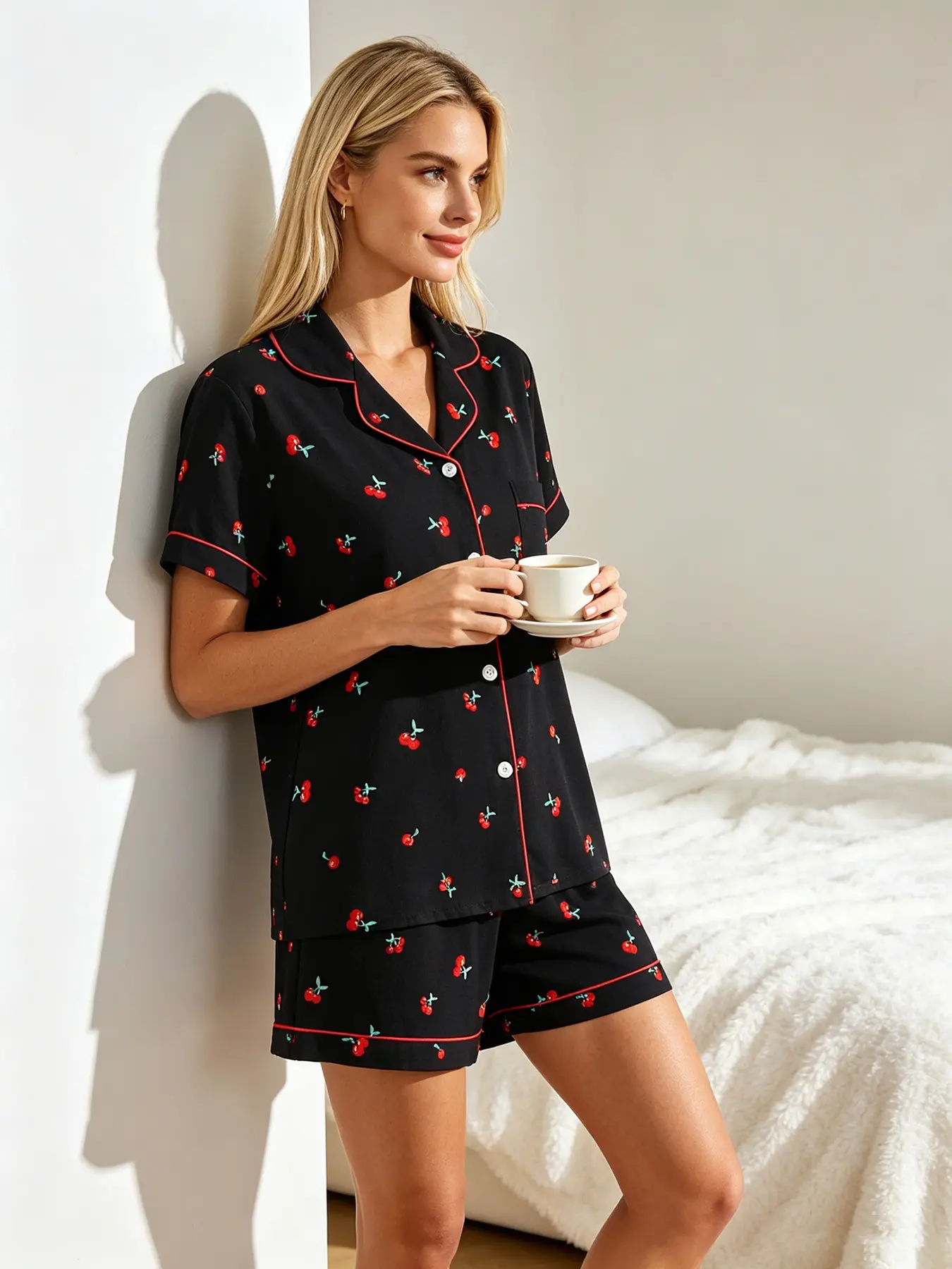Goth Girl Sweet Goth Black Cherry Print Women's Short Sleeve Cardigan & Shorts Pajamas Set, Spring Summer Suitable, Red Trim, Sweet Goth Style Cozy Loungewear for Home Rest & Daily Life, Nightwear Loungewear Set