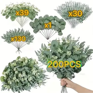 200pcs Artificial Greenery Mix Eucalyptus Stems, 4 Types Silver Color Eucalyptus Picks, DIY Bouquets & Arrangements, Home Decor Plants