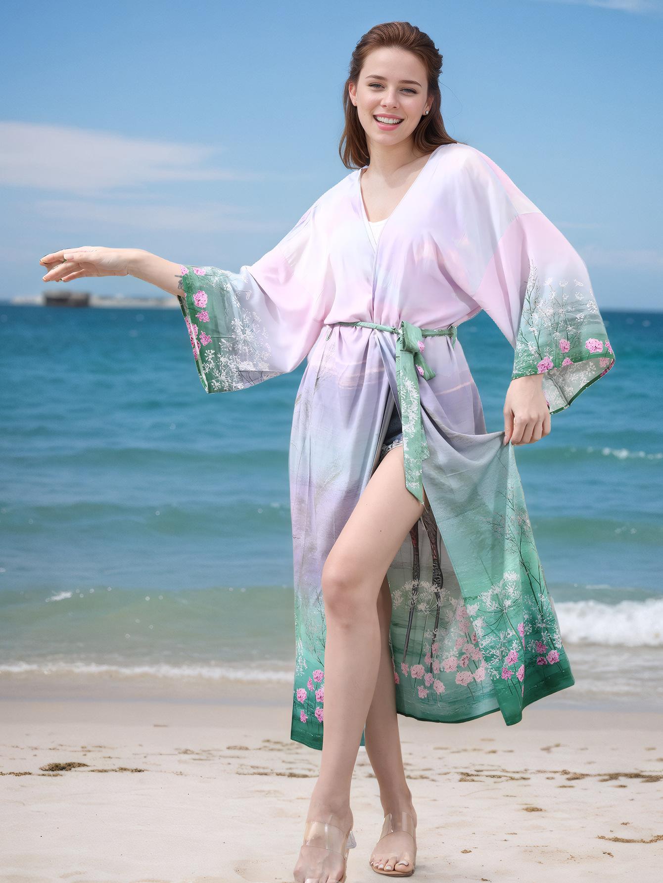 Women's Sheer Belted Kimono Beach Cover Up - Long Sleeve Floral Ombre Kaftan for Summer Vacation,#ResortWear, Poolside Outfits & Beachwear,Shirt-style beach cover-up, vacation bikini sunscreen shirt