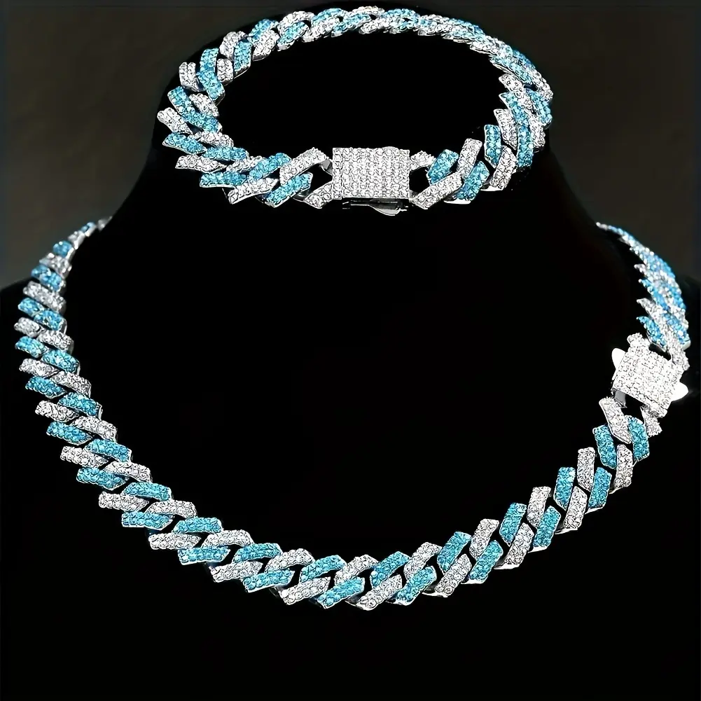 Trendy Iced Out Blue White Cuban Link Chain Necklace Bracelet Set, Synthetic Zirconia Hip Hop Jewelry for Men Women Couples, Y2K Accessories Unisex, Tarnish Proof Statement Chain, Romantic Christmas Birthday Friendship Gifts, Party Concert Daily Wear soho