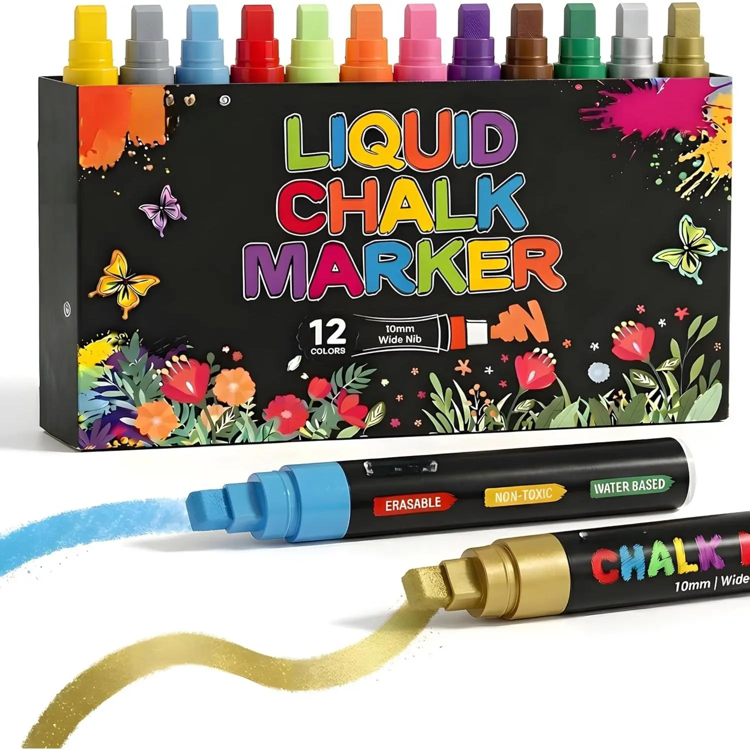 Erasable Chalk Markers, 12-Color Water Based Markers with 10mm 3-in-1 Tip, Washable Multi-Surface Window Art Pens for Blackboard, Glass Boards, Whiteboard, Mirror, Poster
