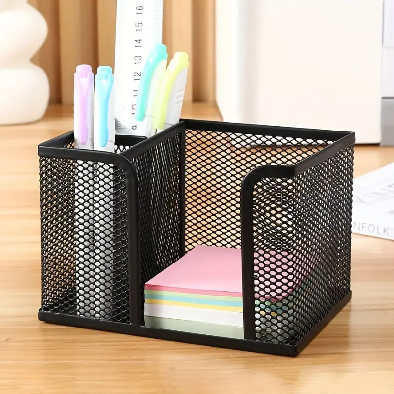 1 black pen holder, 2 gridded office supply storage boxes with note clips, desktop organizer for home, office and school, cosmetic storage box