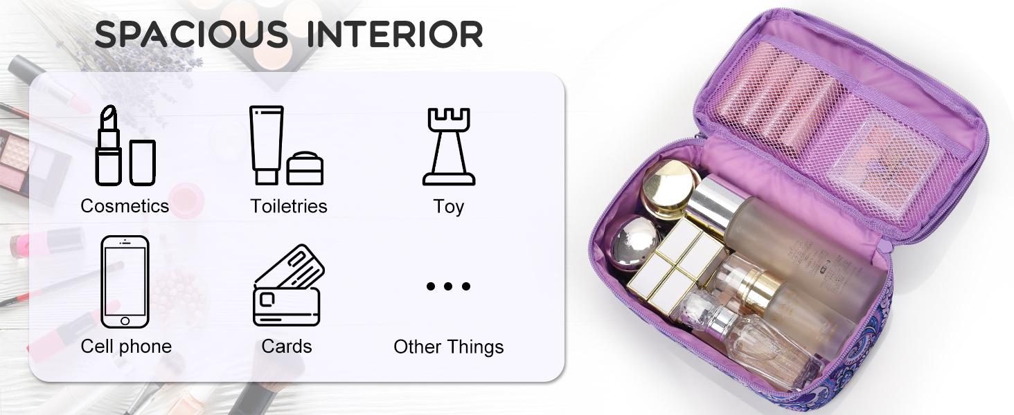 Travel Makeup Bag, Small Floral Cosmetic Bag with Makeup Brush Compartment, Portable Makeup Pouch for Women, Double Layer Cute Toiletry Organizer Bag, Purple Flower