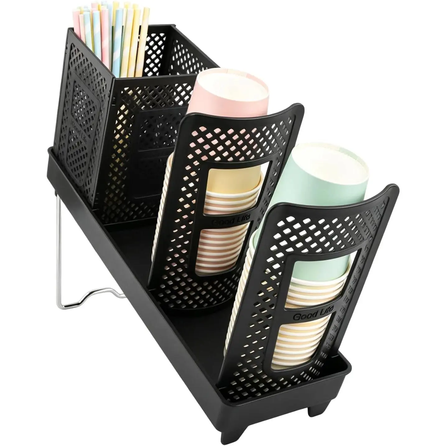 Cup and Lid Holder, Coffee Cup Dispenser with Straws Holders, 3 Compartment Plastic Cup Holder with Adjustable Tilted Stand, Large Capacity Coffee Cups Organizer for Office, Cafe, Bar & Kitchen