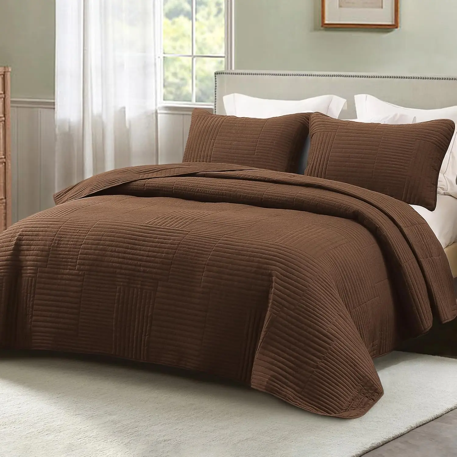 Soft Queen Bedding Set, Lightweight Microfiber Brown Bedspreads Full Size, 3 Piece Ultrasonic Geometric Coverlet Bed Cover for All