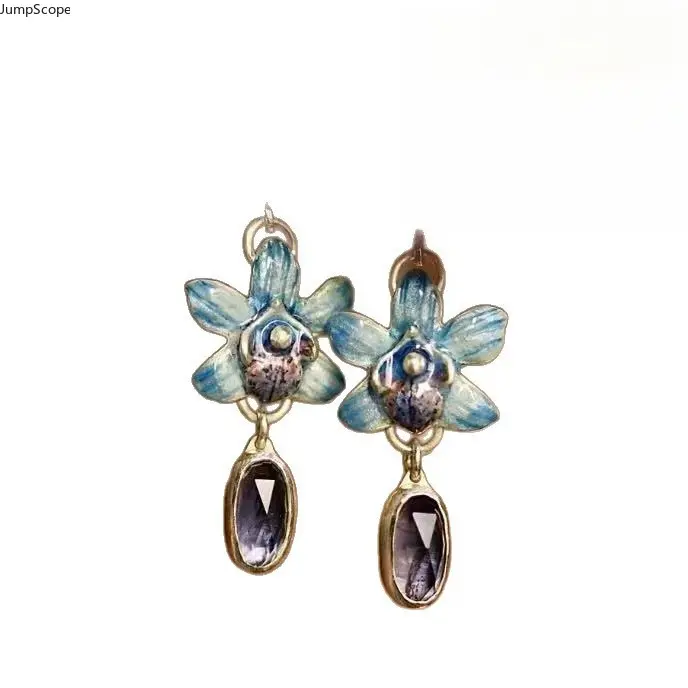 Women's Antiqued Oxidized Silver-Plated Alloy Drop Earrings - Hand Painted Gradient Blue Orchid Enamel, Layered Purple Crystal Dangles, Botanical Swing Hooks, Cottagecore Leisure Indoor Recreation Jewelry