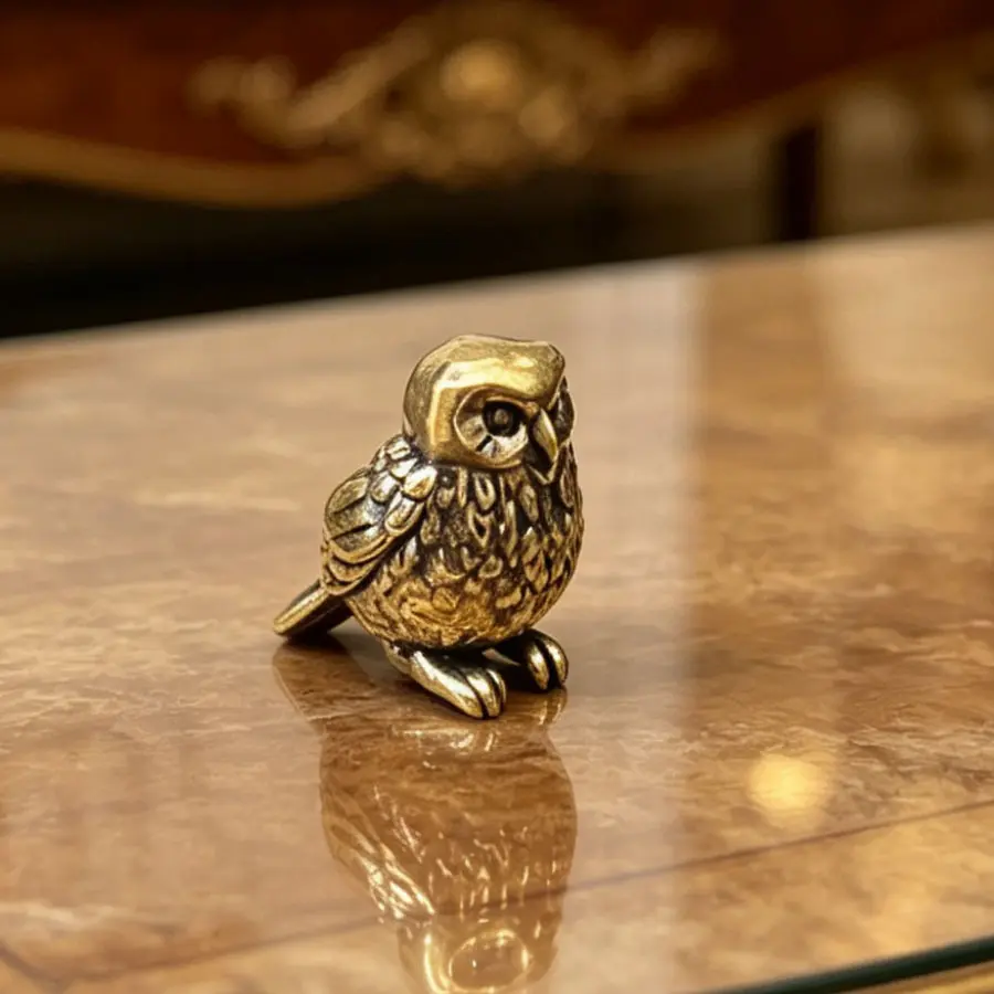 Solid Metal Standing Owl Figurine B131 - Brass Texture Desktop Ornament, Adult Home Decor for Living Rooms & Halloween Collectible Statue, Classic
