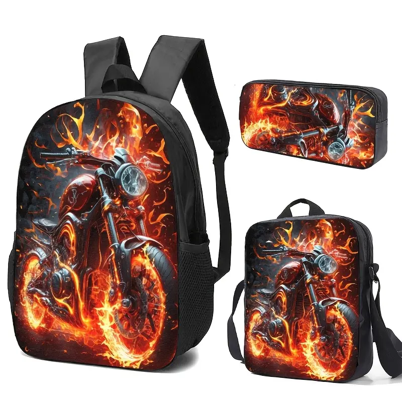 A Three-Piece Set Featuring a Backpack, Pencil Case, And Lunch Box Bag with a Flame Motorcycle Theme, Crafted Using High-Definition Printing Technology. The Vibrant Colors Are Long-Lasting And Fade-Resistant