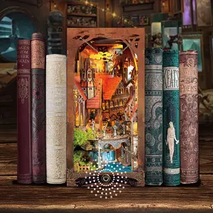 Wizarding World Wooden Puzzle, Wood Puzzles,DIY 3D Book Nook Kit Miniature Magic House Dollhouse with LED Light Handmade Creative Toy for Teens and Adults Holiday Christmas Gift Bookshelf Decor