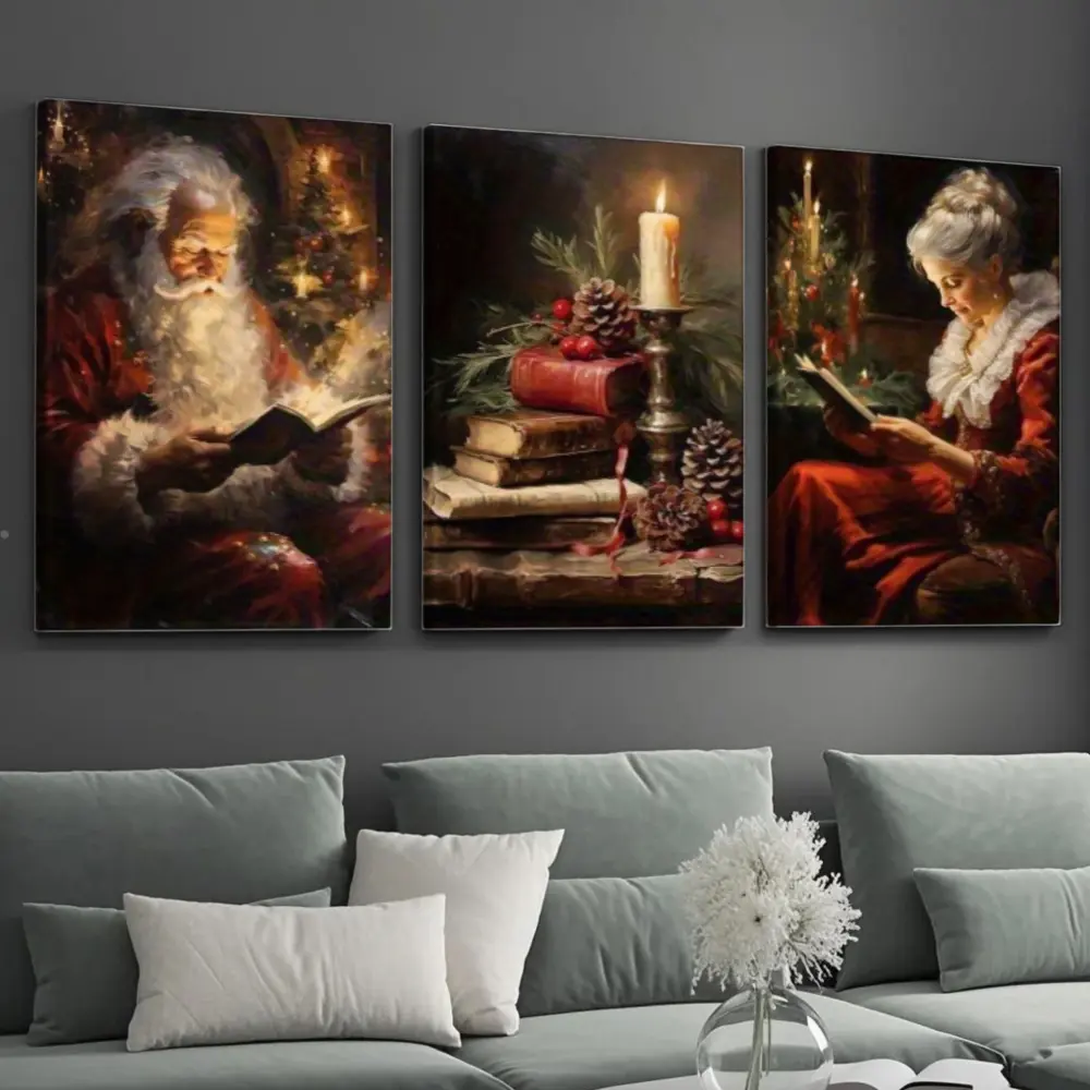 Vintage Christmas, Canvas Wall Art Set, Santa Claus And Mrs Claus Reading Books With Candle And Pinecones, High Definition Giclee Printing On Premium Canvas, Living Room Sofa Background Decoration, 3 Piece Set