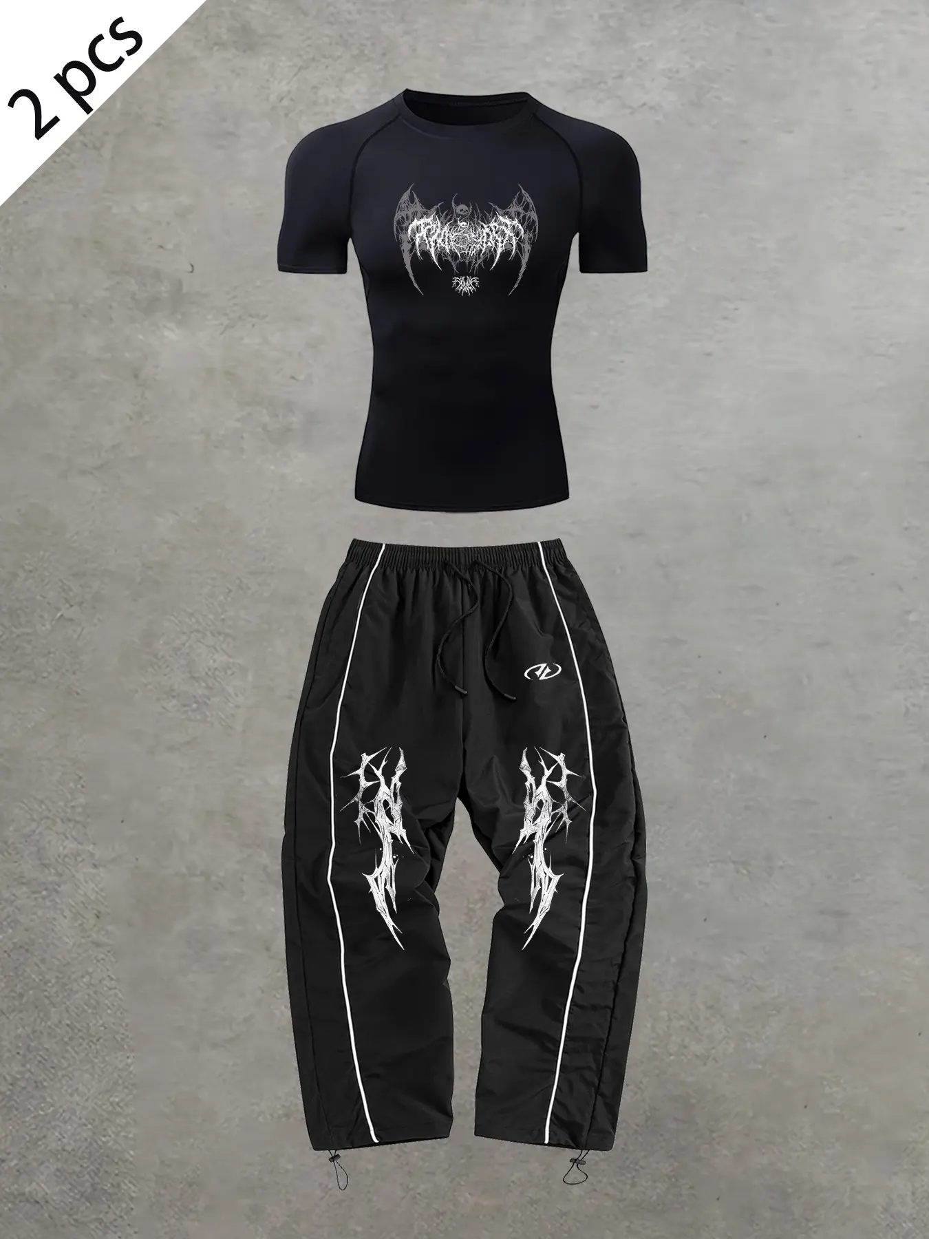 Men's Gothic Thorn Print Two-Piece Set, Activewear Workout Set, Fitted Quick-Dry Short Sleeve Top, Drawstring Sport Pants, Street Fitness