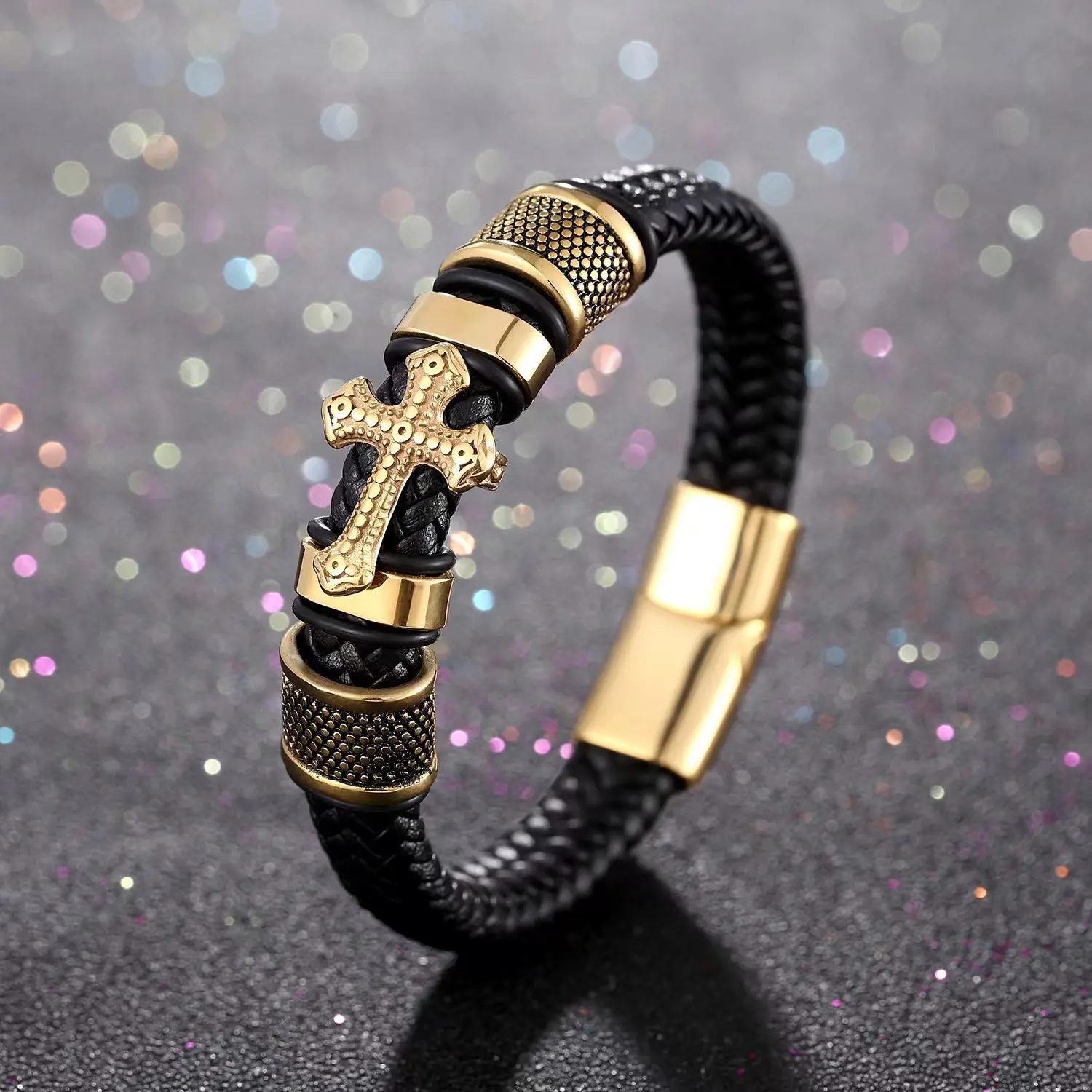 Hip Hop Woven Cross Leather Bracelet for Men, Trendy with Diamonds, High-End Cross-Border Accessories, Simple and Versatile for Women