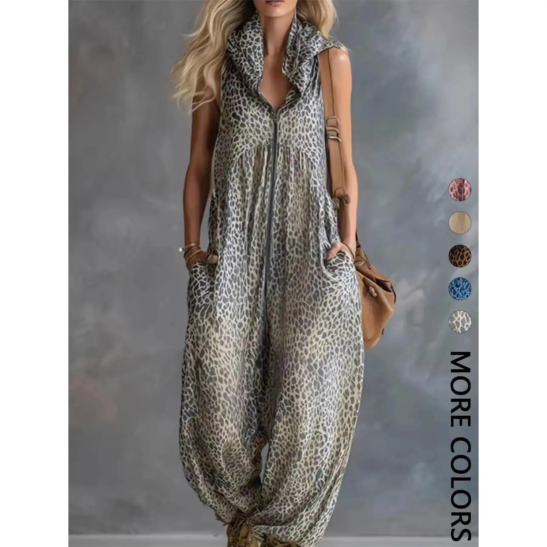 Women's Summer Leopard Print Full-Length Hooded Zip-Up Overalls - 1 Piece Loose Casual Streetwear Clothes Outfit