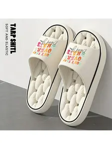 1 pair of colorful letter and floral print slippers, unisex, thick-soled pillow slippers, men's and women's slippers, EVA sole, lightweight and soft open-toe, shower shoes, suitable for indoor and outdoor beach use