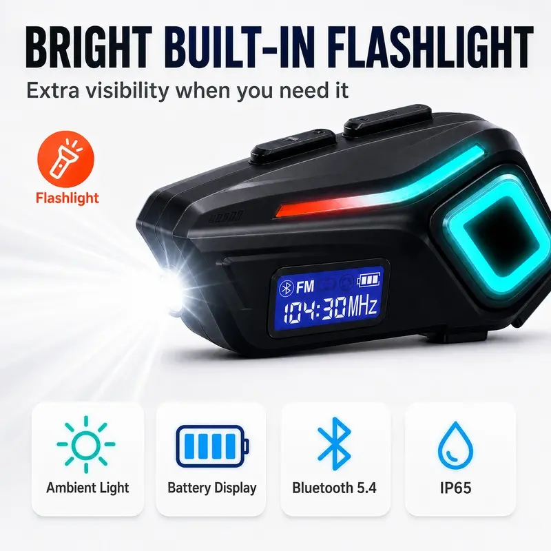 Motorcycle Accessories Helmet Headset, 800mAh Rechargeable Bluetooth Speaker with FM Radio, Ambient Light and IP65 Protection