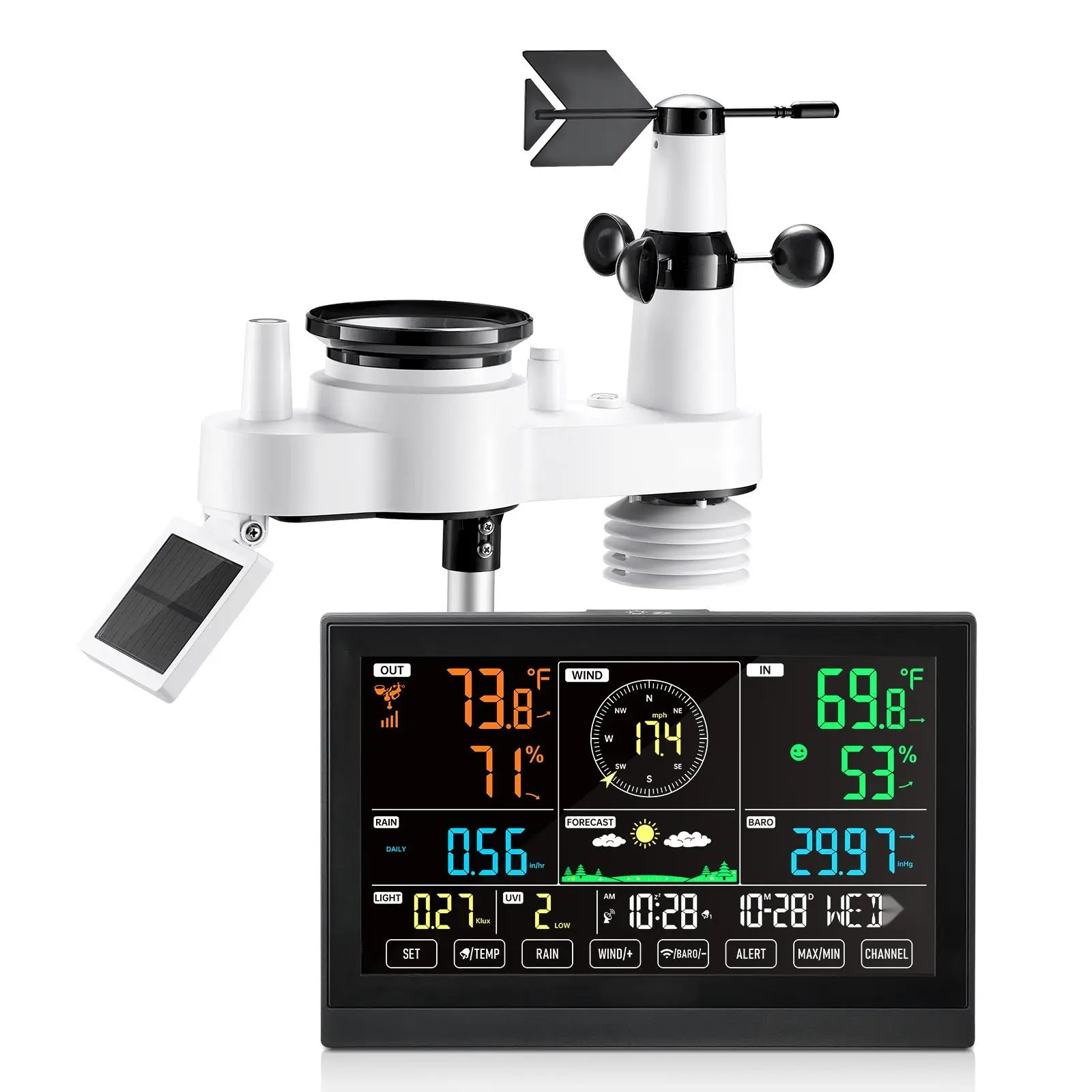 7-In-1 Model Home Weather Station Sensor Set, 7.5-Inch Backlit Display, Indoor/Outdoor Thermometer Sensor, Humidity/Barometric Pressure Readings, Wind Speed Data, Data Logging, Remote Wireless Transmission