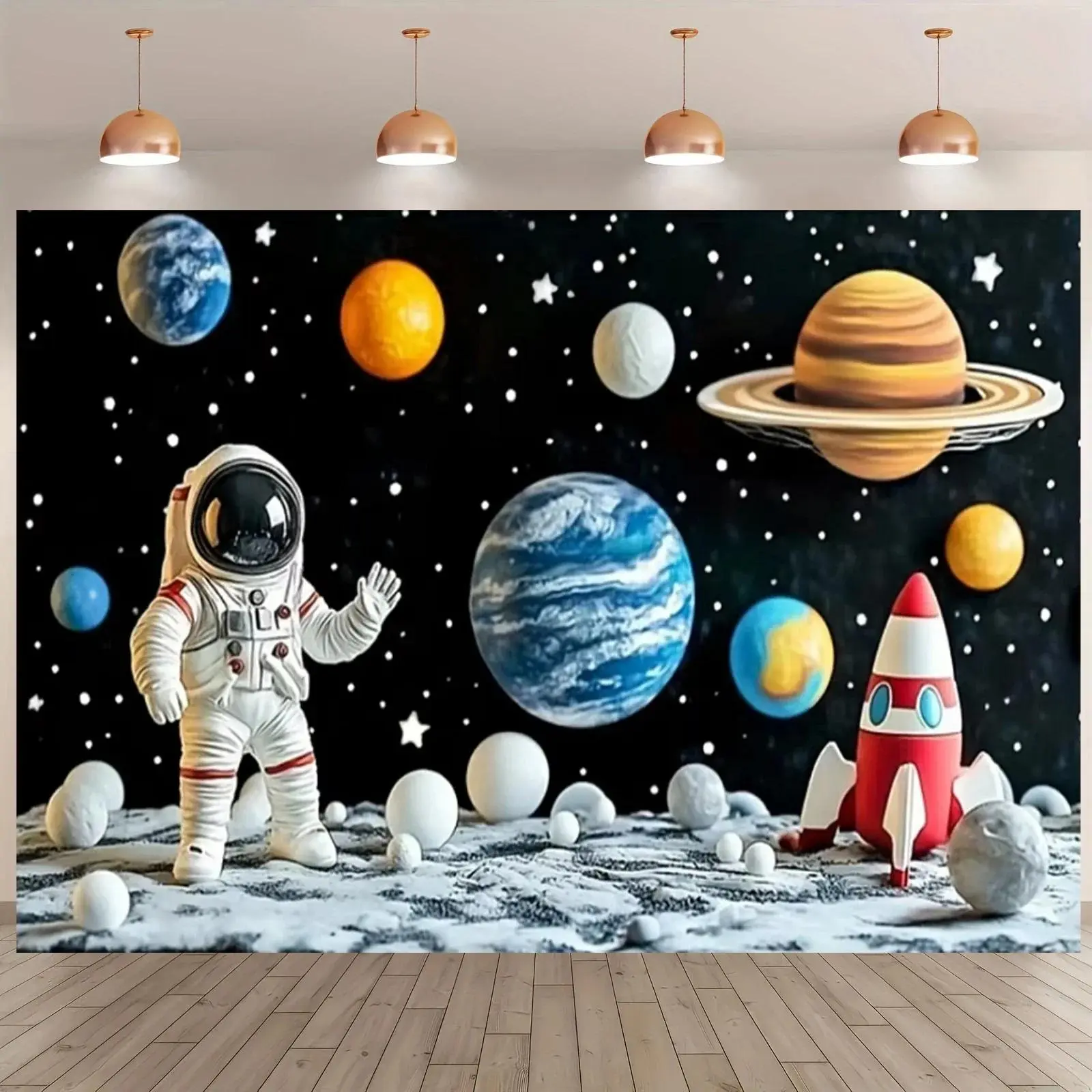 Cartoon Astronaut Outer Space Planet Backdrop Background Cloth, Space Galaxy Tapestry Wall Hanging Photography Background Premium Polyester Fabric, Birthday Party, Baby Shower, Photo Booth, Studio Decor