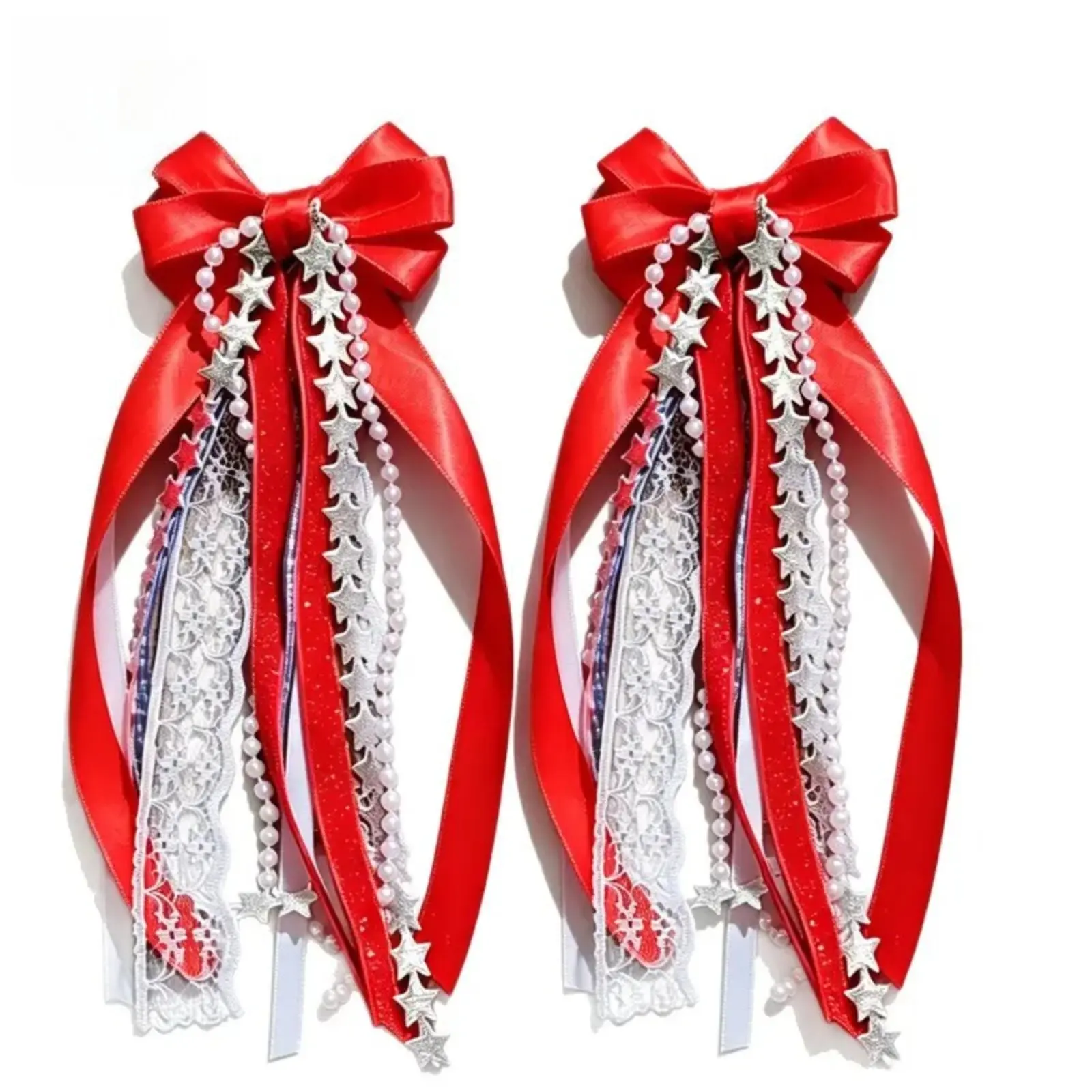 2Pcs Western Boot Accessories, Patriotic Star Tassel Bow Shoe Ornaments with Red White Blue Ribbon for 4th of July, Star Tassels