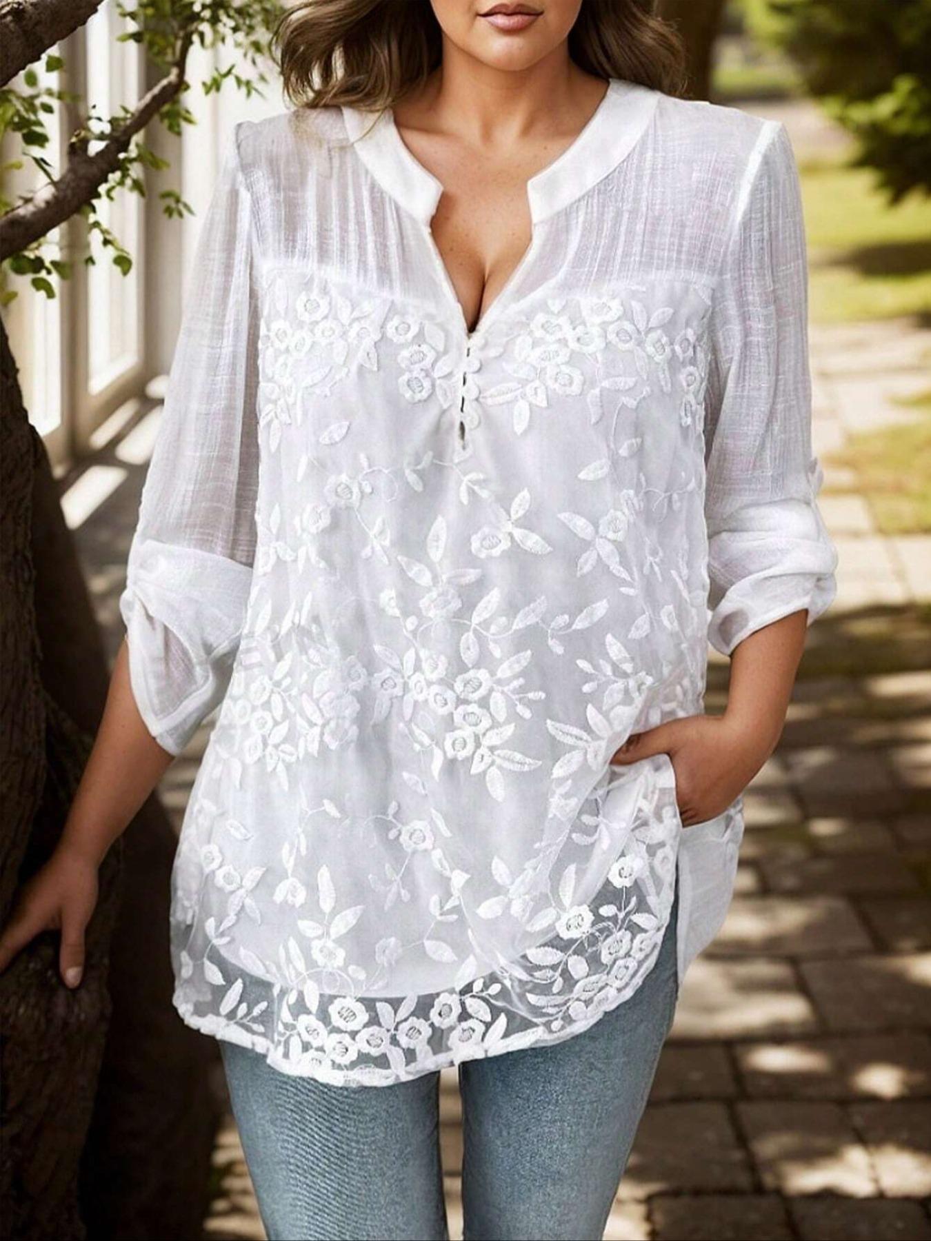 Plus Size Solid Color Long Sleeve V Neck Casual Shirt Blouse, Fashionable Comfortable Fit for Daily Wear, Perfect for Layering and Leisure