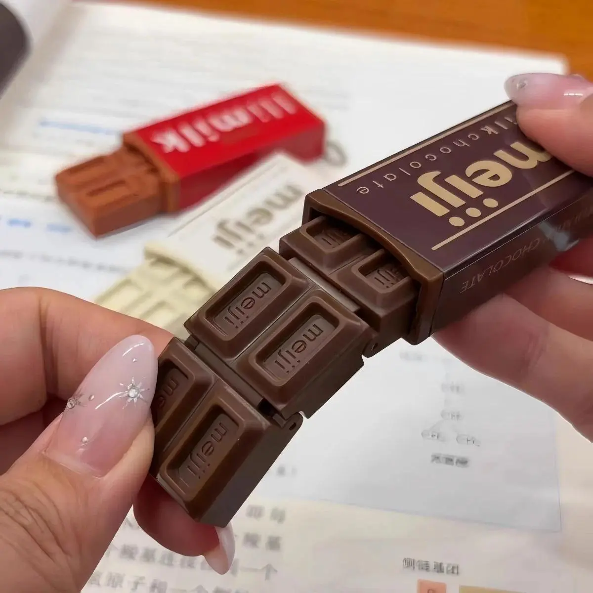 Hot Japanese Style Simulated Meiji Chocolate Fidget Toy Bendable Snap Stress Relief Keychain Pendant Creative Gift S