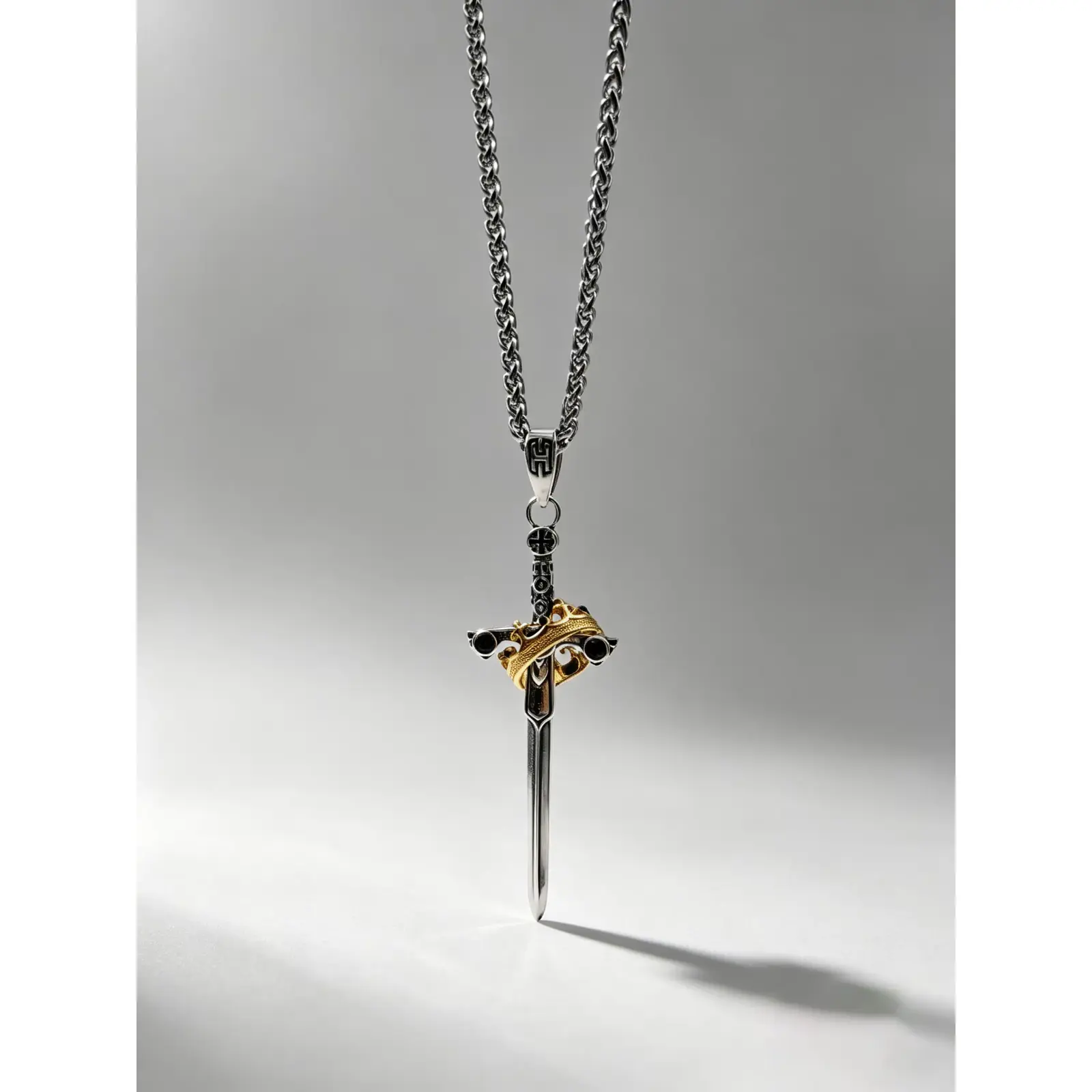 Two-tone Crown Sword Pendant Necklace for Men, Vintage Punk Dainty Stainless Steel Chain Necklace, Unique Gothic Fashion Jewelry, Trendy Layering Accessory Gift#PunkJewelry#GothicJewelry#MensNecklace#Statement Necklace#SwordNecklace