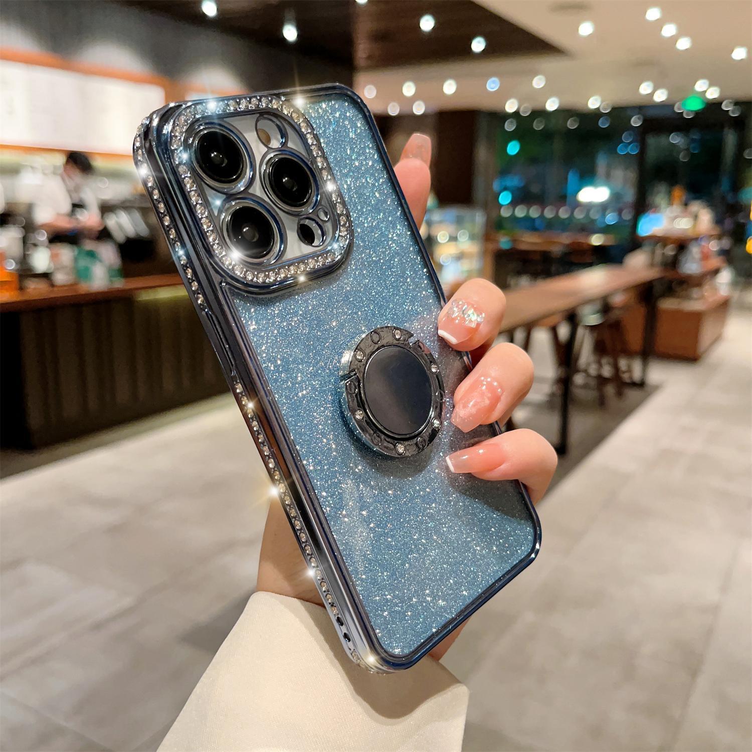 Bling Glitter Ring Case For iPhone 16 15 14 13 12 11 Pro Max Ring Holder Kickstand Case Plating Bumper Cover with Camera Lens Protector