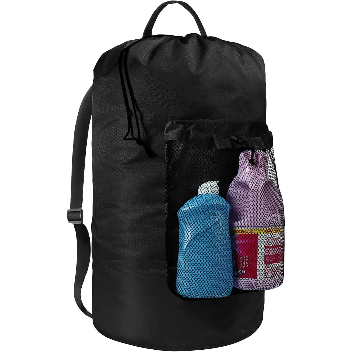 Laundry Bag with  Straps and Mesh Pocket Laundry Backpack Large Portable Laundry Hamper for College Travel, Laundromat, Apartment (Black)