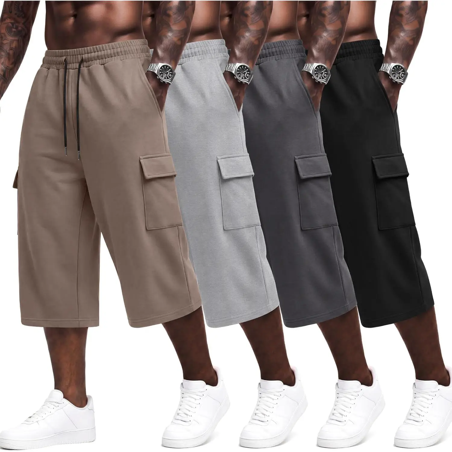 August Alley Men's 4-Pack Cargo Capri Pants - Menswear, Wide Leg, Below Knee 3/4 Length, Drawstring Elastic Waist, Pockets, Cropped Design, Breathable Fabric (Pair with Shirt/Vest), Casual, Wide Legs