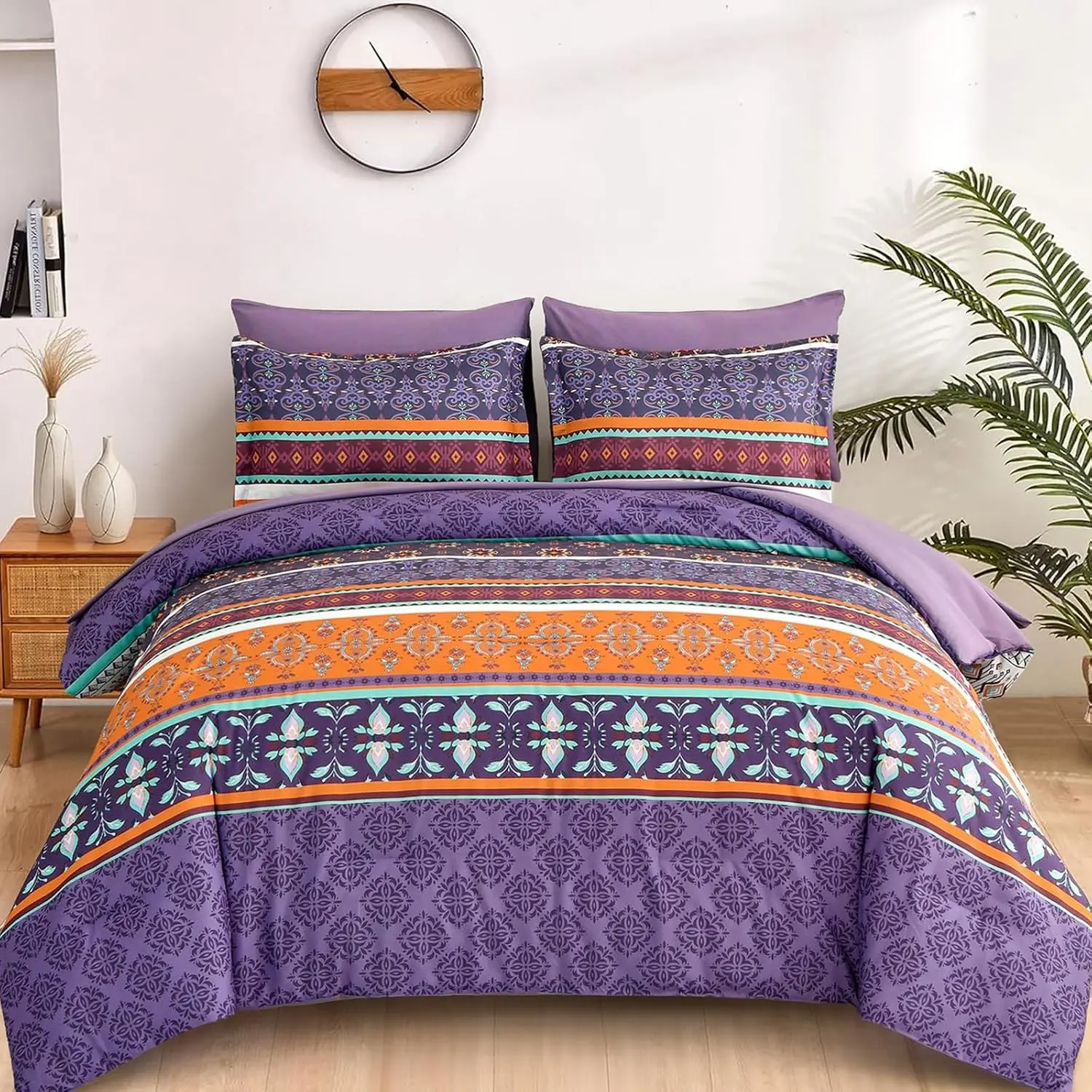 Boho Comforter Set Queen Size,7 Pieces Bohemian Comforter Bedding Set Bed in a Bag,Purple Paisley Floral Comfortet with Sheet Set,Soft Microfiber Striped Bedding Sets for All Season