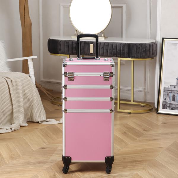 4 In 1 Aluminum Makeup Case Pink, Professional Cosmetic Storage Box for Makeup Tools Brushes and Accessories, Portable Beauty Organizer for Travel and Home Use