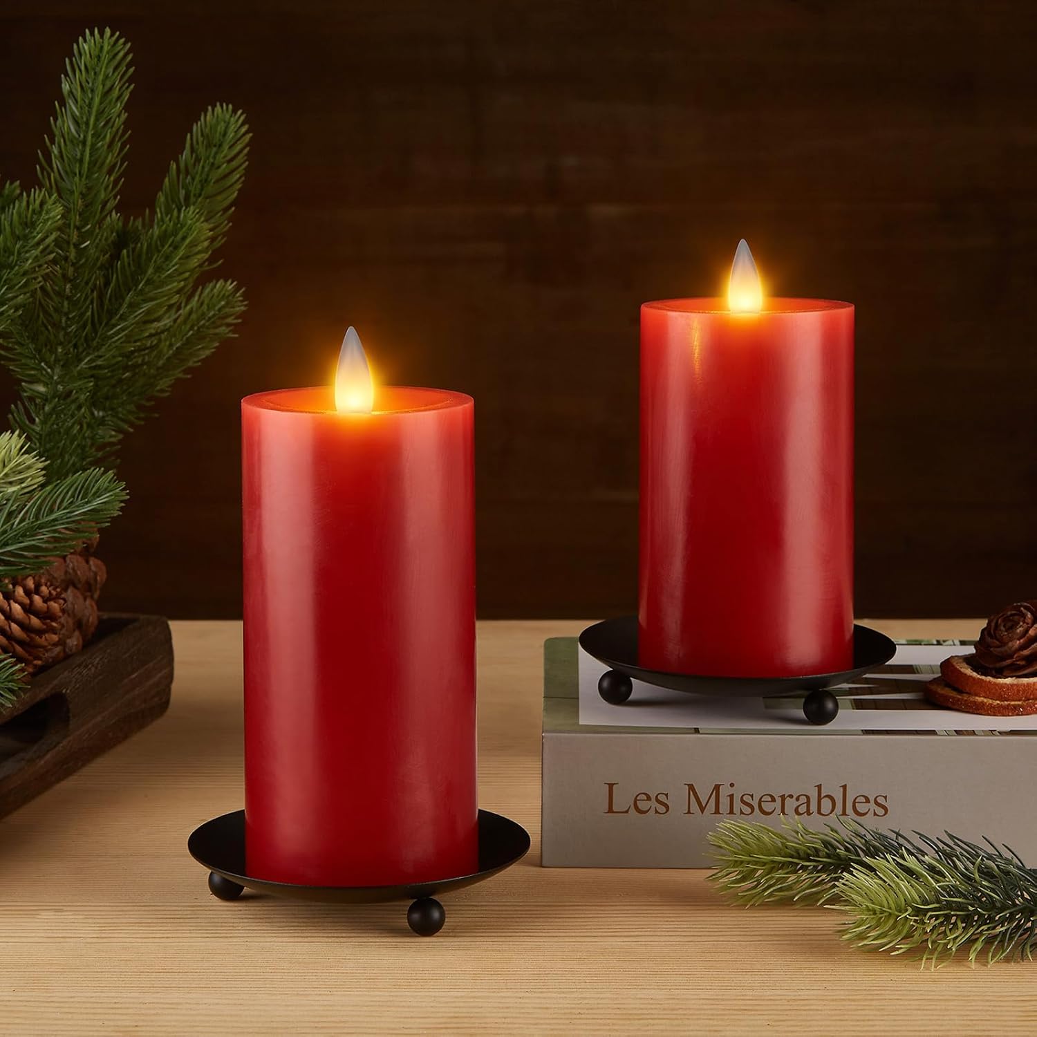 Flameless Pillar Candles Flickering with Remote Timer,  Operated LED Candles Up to 400 Hours, 3D Moving Flame Real Wax Candles, Set of 3, D3 x H4, 5", 6",Remote Included (Red)