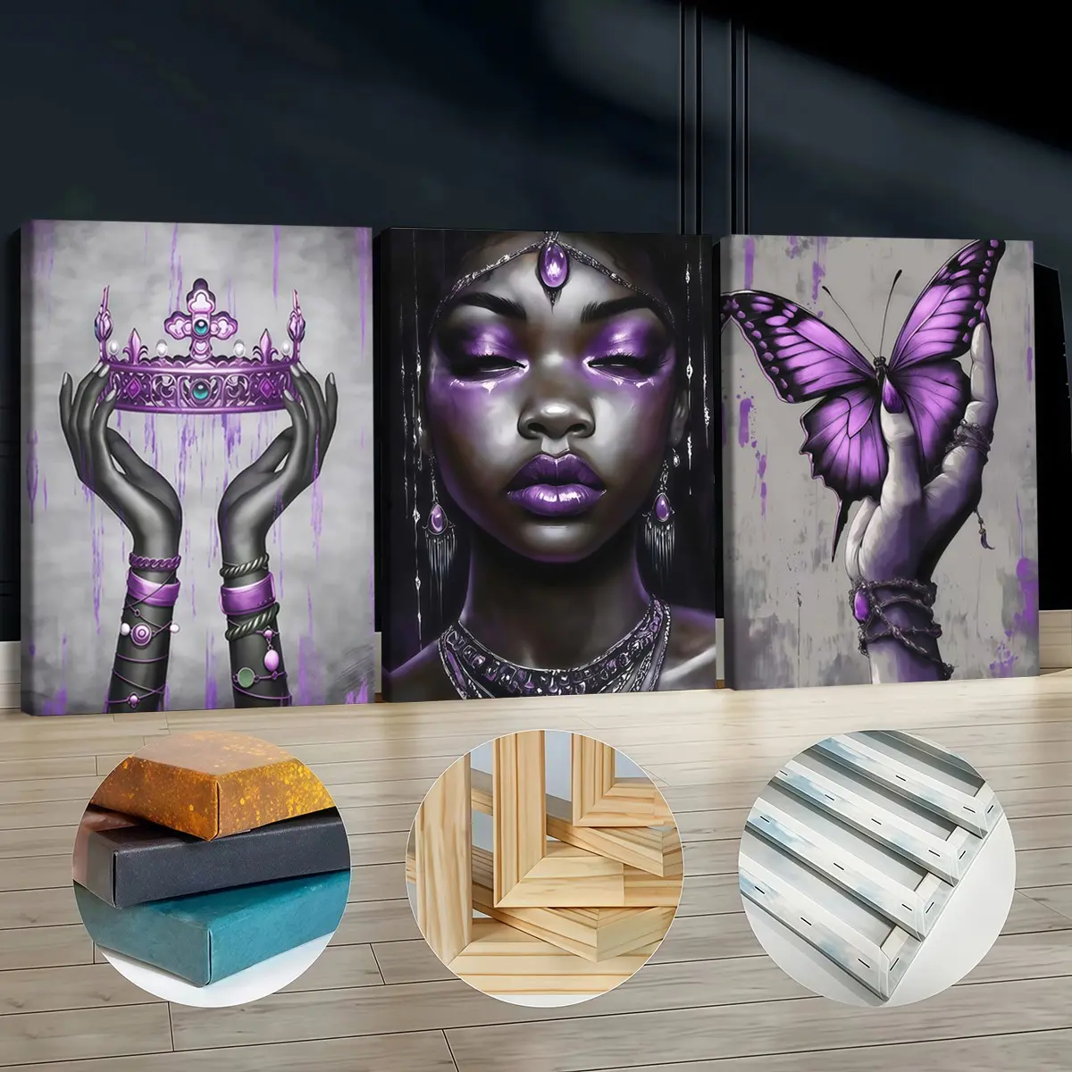 3 count wooden frame canvas, purple tone crown butterfly black queen art triple poster, fashion home decoration, simple modern art hanging picture, living room, bedroom office wall art, waterproof and tasteless