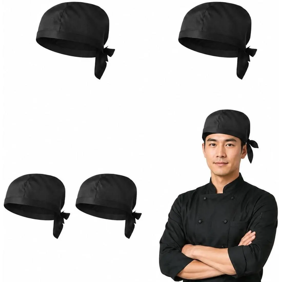 4Pcs Chef Hat Unisex Adjustable Kitchen Cooking Chef Cap, Elastic Back Skull Cap Men Women Cooking Hats with Ties for Adults (Black)