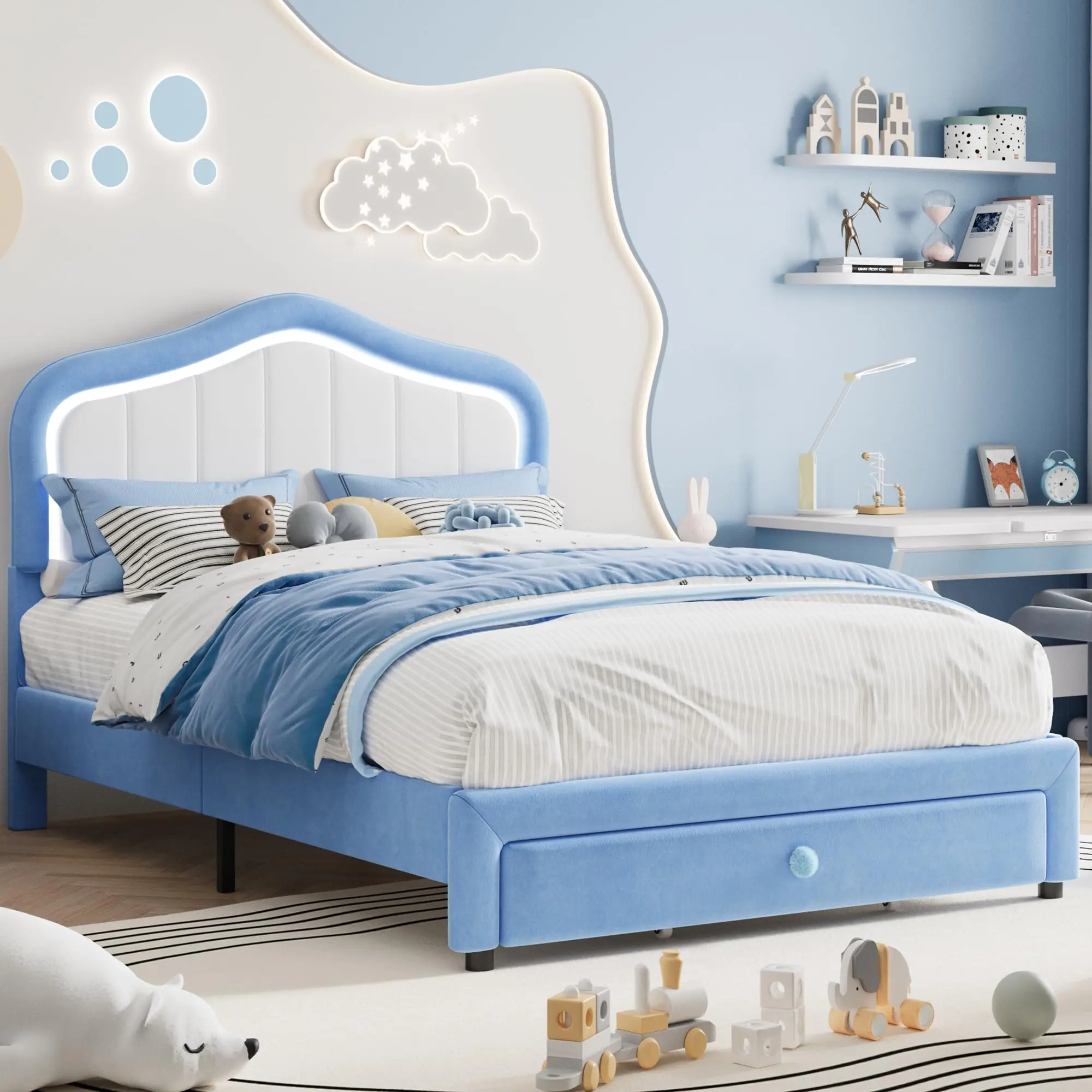 LED Headboard & Storage Drawer – Twin/Twin XL Upholstered Bed Frame – soft Platform, Wooden Slats, Noise-Free, Heavy-Duty, Low Profile, No Box Spring Needed – Perfect for Kids, Girls, Boys