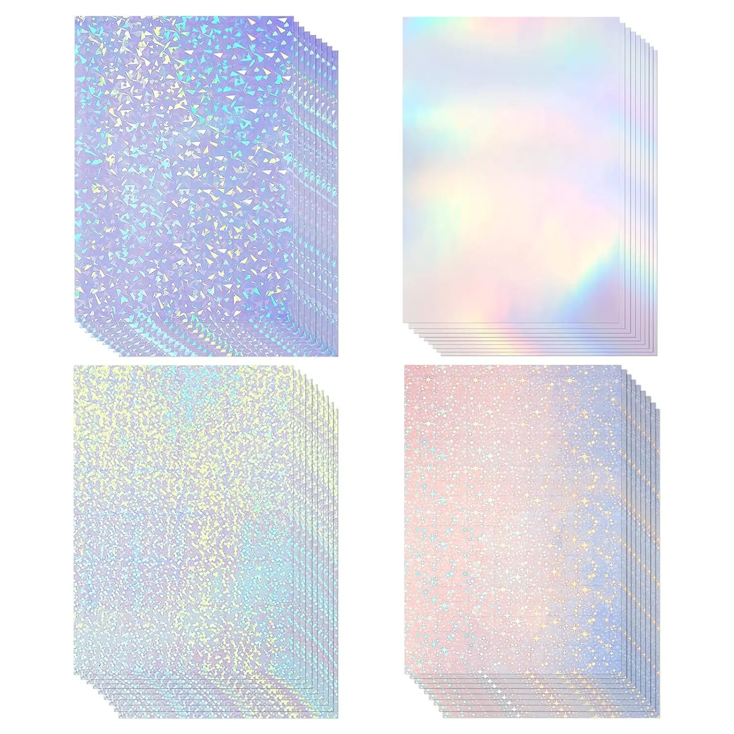50 Sheets A6 Holographic Vinyl Sticker Paper, 4.1x5.8 inch Clear Self Adhesive Waterproof Cold Lamination Film, Star/Gem/Rainbow/Sand Star Patterns