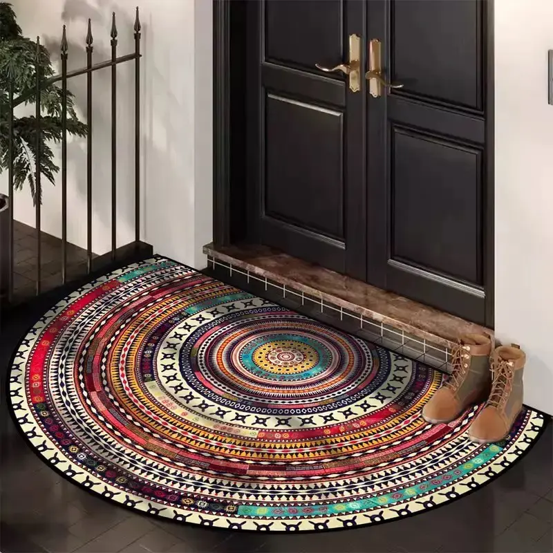 Bohemian Vintage Semi Circular Carpet, Half Round Door Mat,Semi Circle Bathroom Floor Rug,Mandala Boho Bohemian Non-Slip Welcome Entrance Way Absorbent Bath Mat, Boho Chic Aesthetic, Door Entrance, Mandala Print