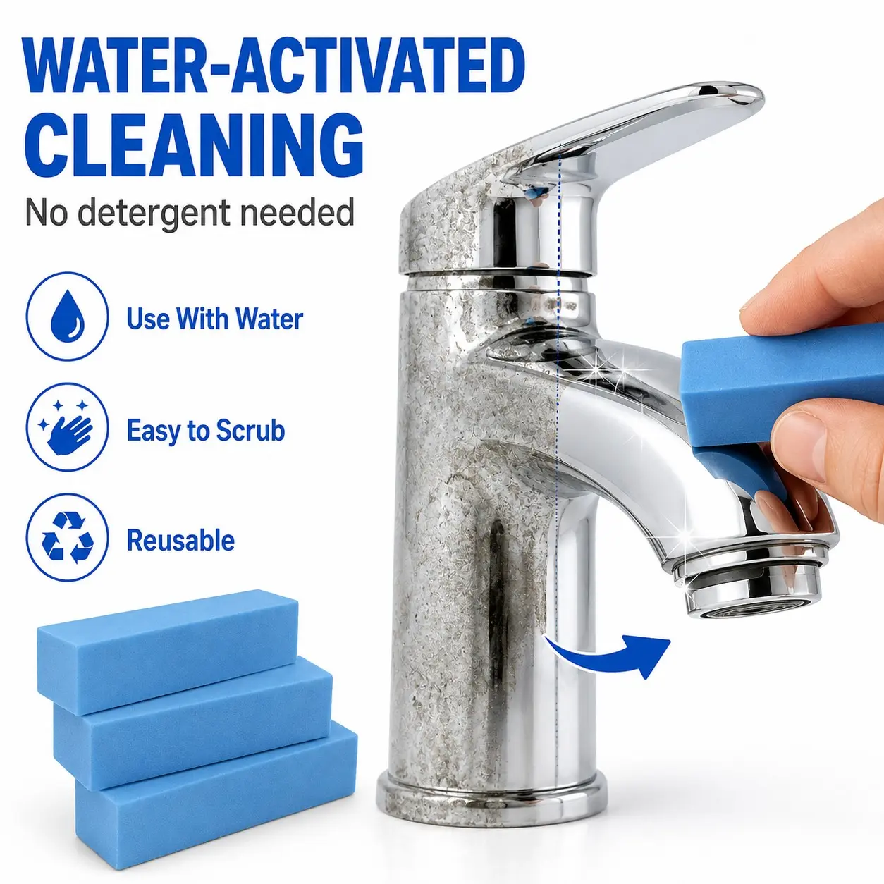 3 Pack Water-Activated Cleaning Eraser Blocks, Reusable Blue Eraser for Rust, Limescale, Burnt-On Residue, Multi-Surface Scrubber