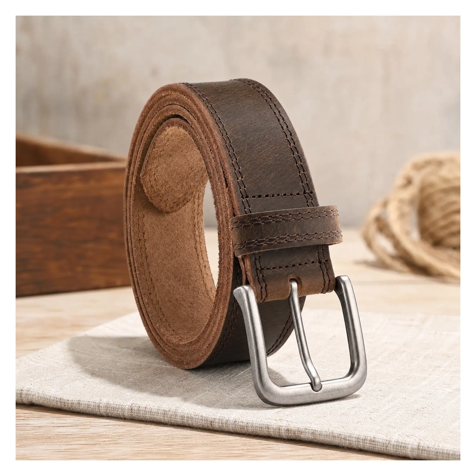 Men's Casual Leather Belt for Jeans - Full-Grain Cowhide, Solid Buckle, Handmade Classic Style, Daily Wear Gift BoxGift